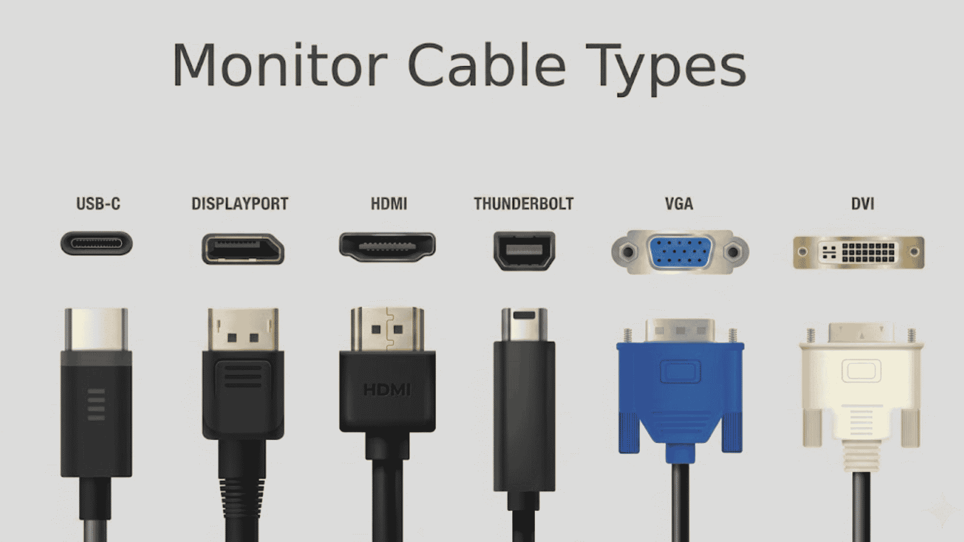 Graphic showing monitor cable types including USB-C, DisplayPort, HDMI, Thunderbolt, VGA, and DVI