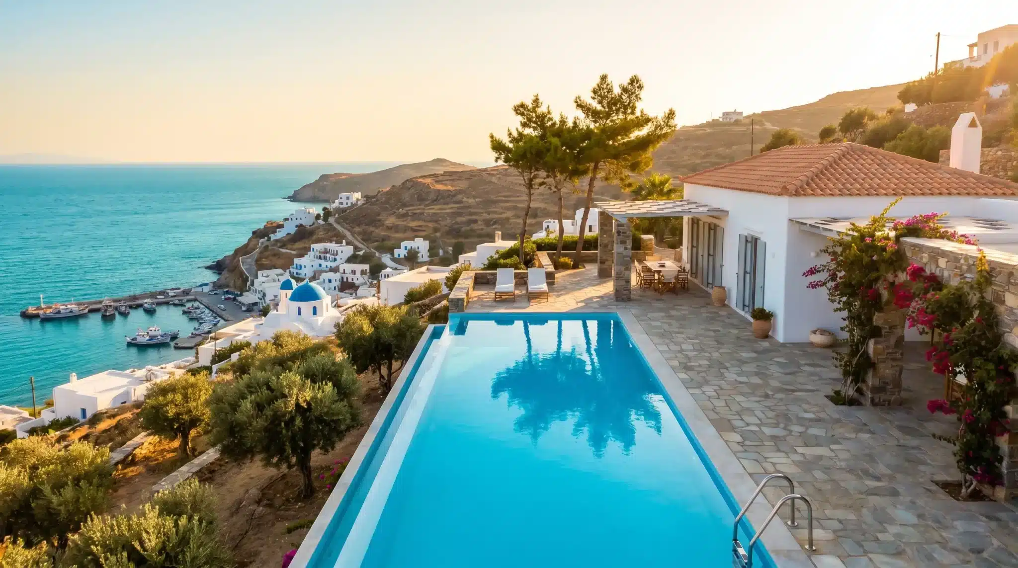 Infinity pool overlooking Mediterranean sea and hillside village with white buildings and pink flowers
