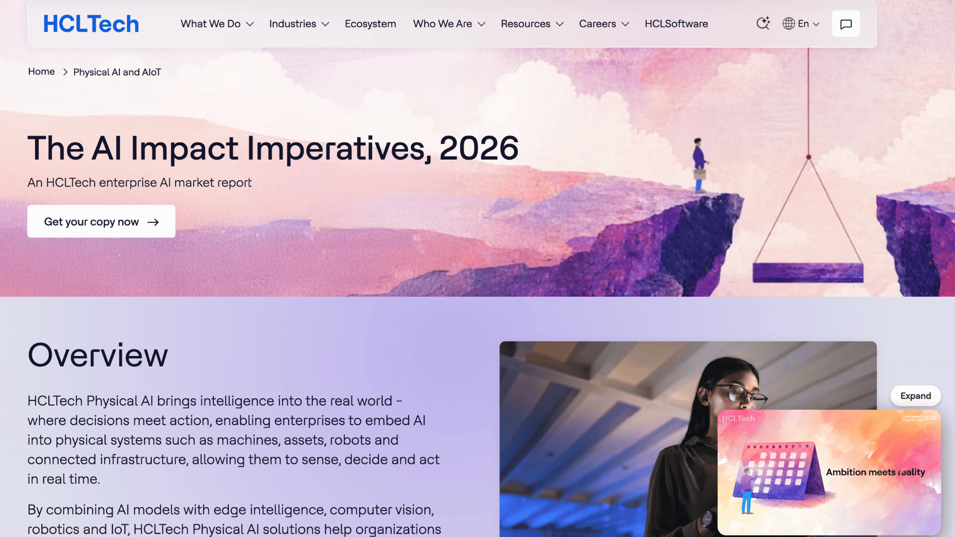 hcltech website with text the ai impact imperatives 2026 over an abstract painted illustration of rocky cliffs