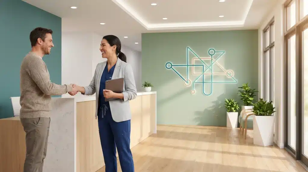 Man and woman shaking hands in modern office reception area with green accent wall
