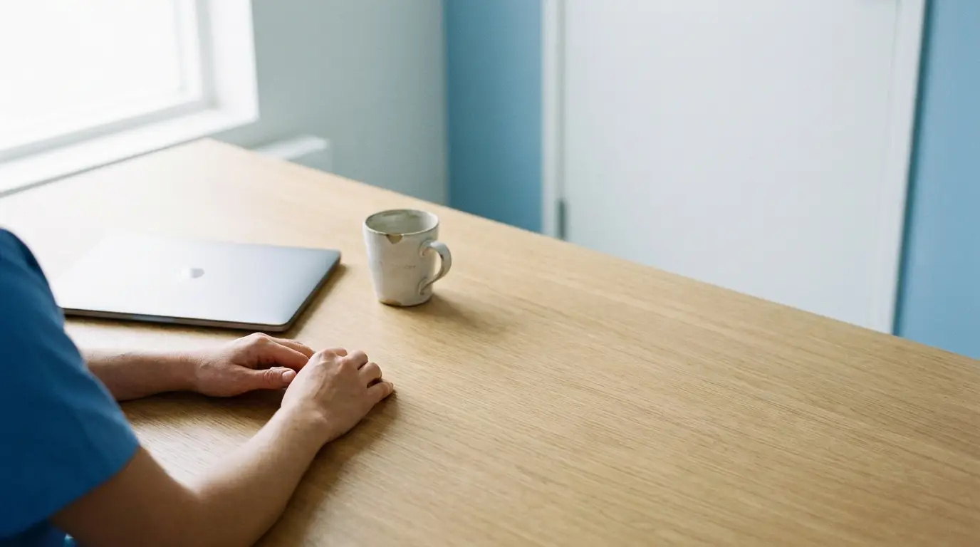 Hands resting on wooden desk next to laptop and coffee mug in bright office space