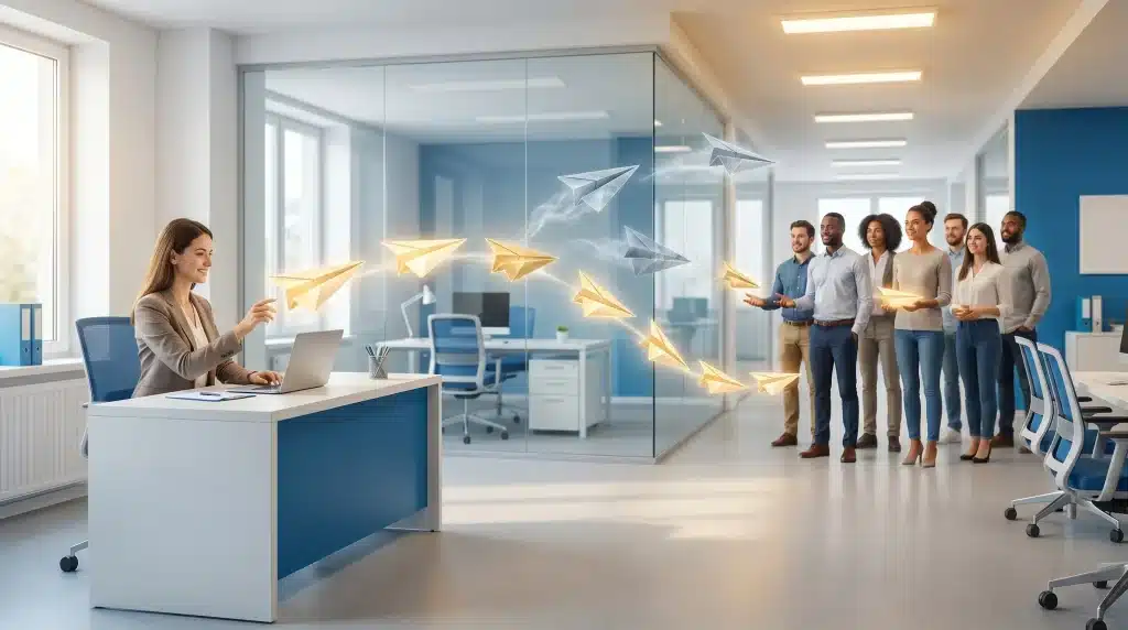 Woman at desk launching glowing paper planes towards group of colleagues in modern office setting