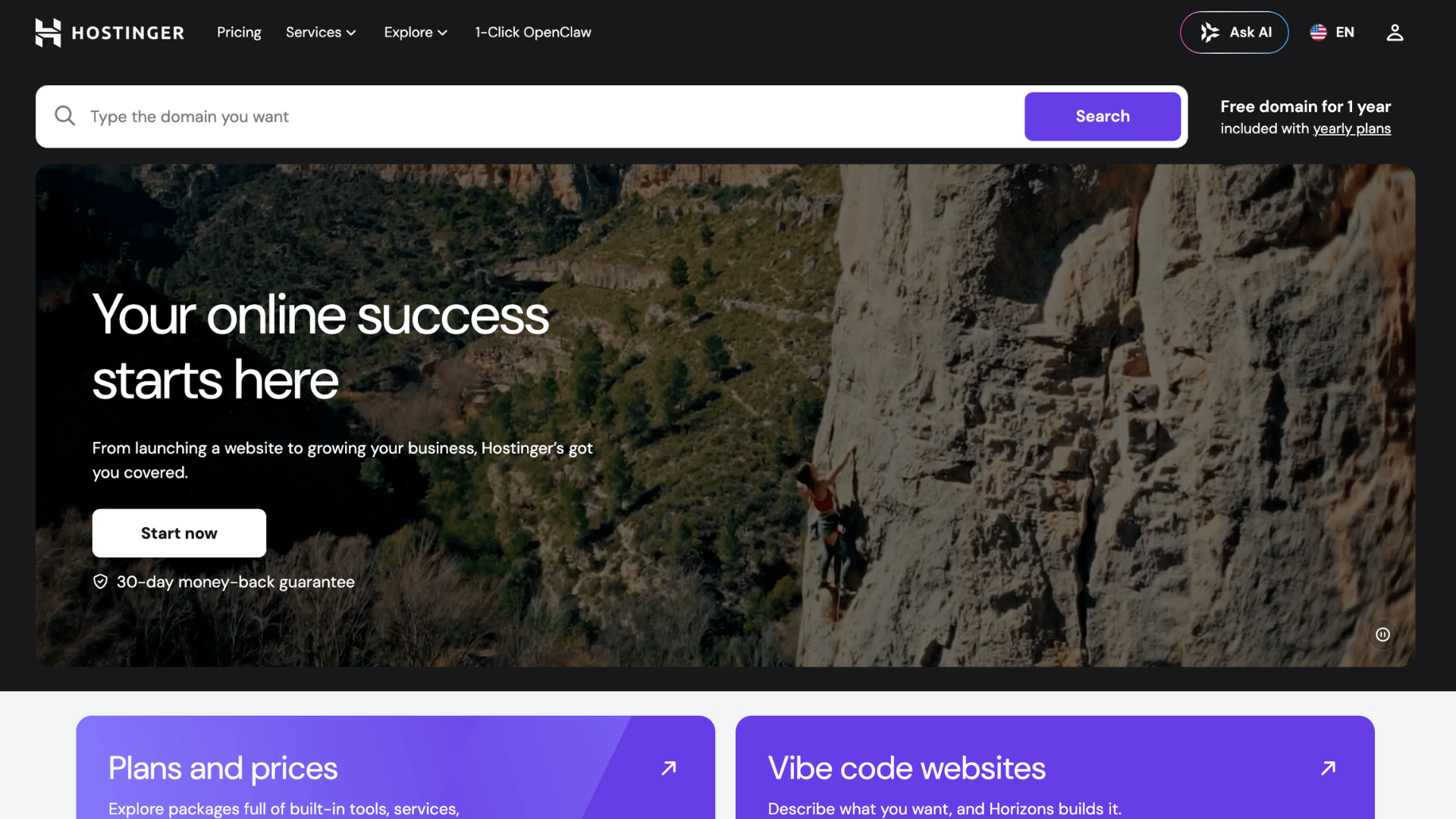hostinger homepage with mountain climbing background and online success message beside domain search bar and pricing cards