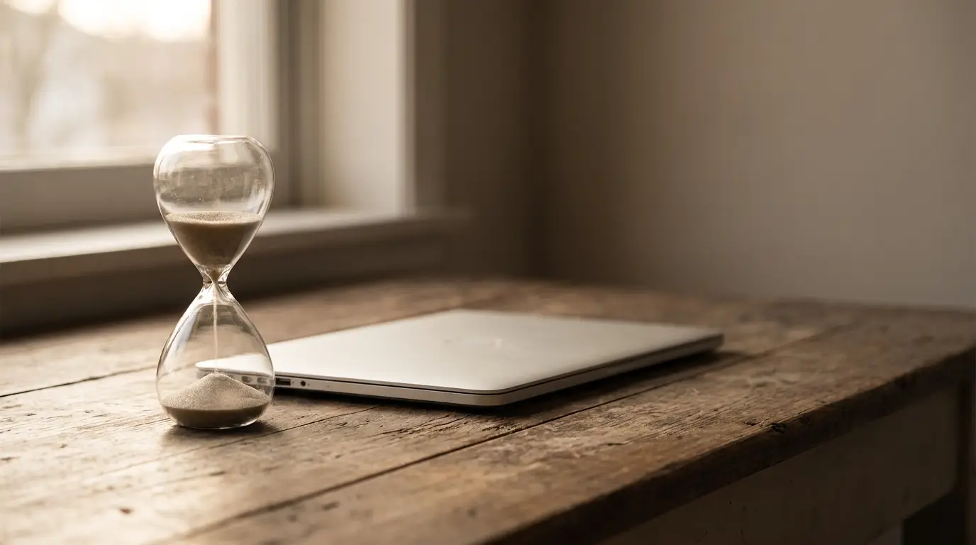 Hourglass and closed laptop on rustic wooden table near window in soft natural light