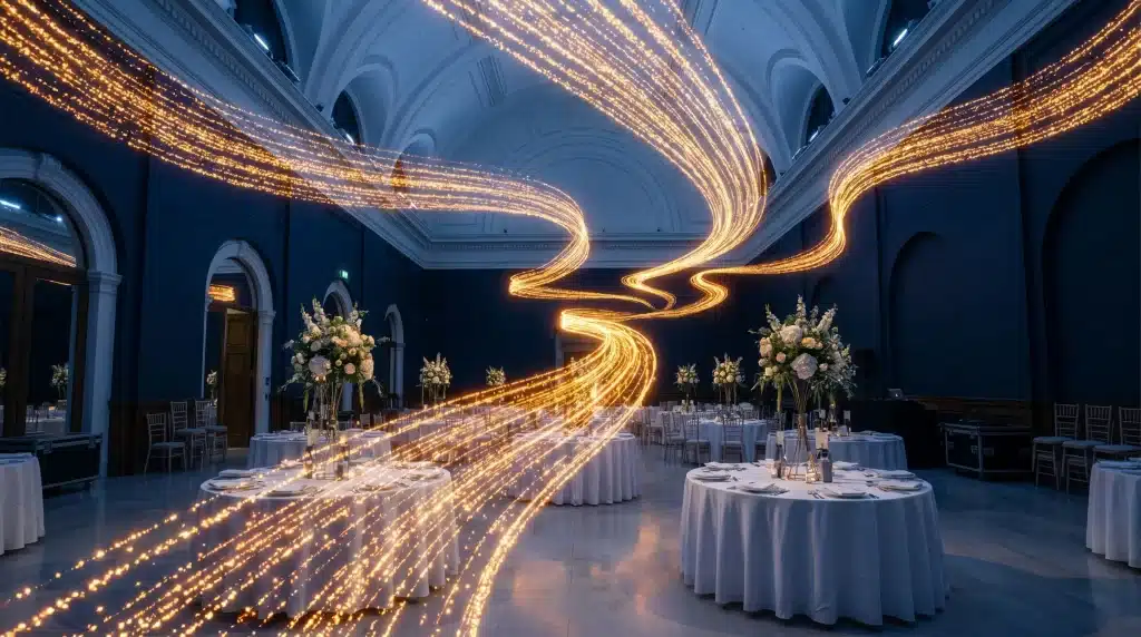 Elegant dining tables with floral centerpieces under swirling golden light trails in a grand blue hall