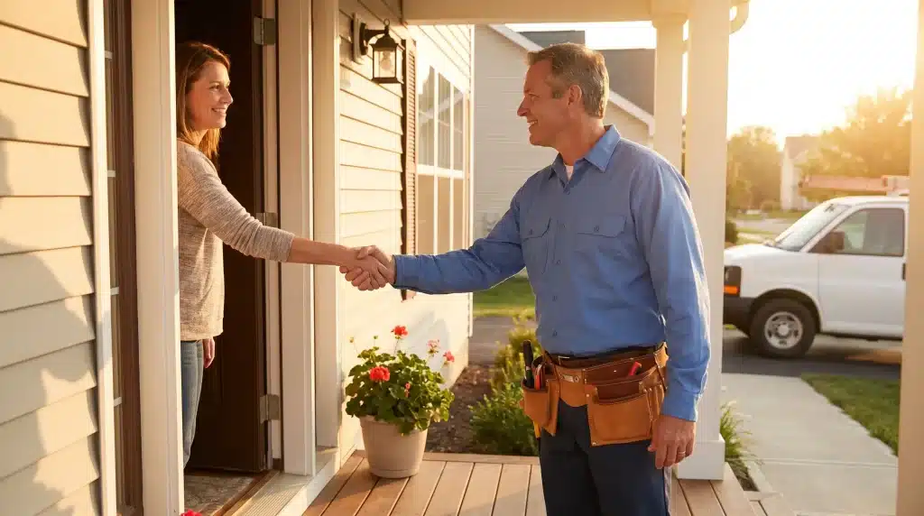 Handyman in blue shirt shaking hands with woman at home entrance, sunny outdoor setting