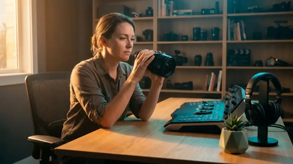 Person examining camera lens at desk in cozy editing studio with equipment shelves
