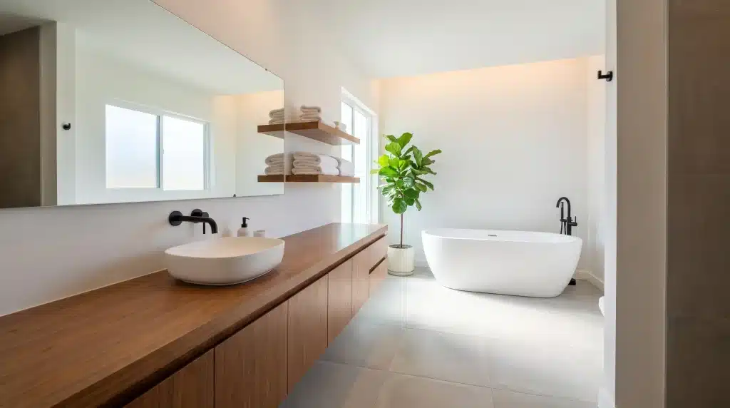 Modern bathroom with freestanding tub, wooden vanity, large mirror, and potted plant in natural light