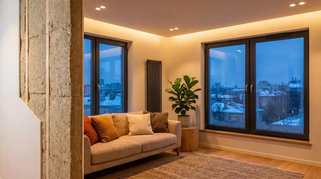 Corner sofa with colorful cushions, indoor plant next to large windows showing snowy cityscape