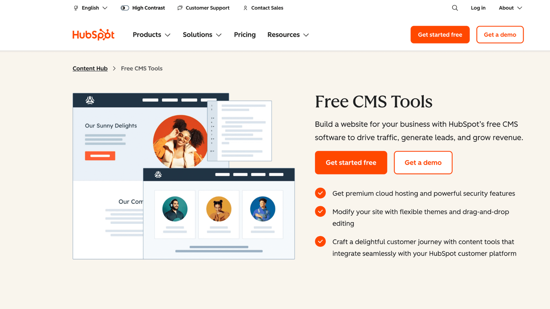 hubspot cms tools page with website builder illustrations and free cms software features beside action buttons