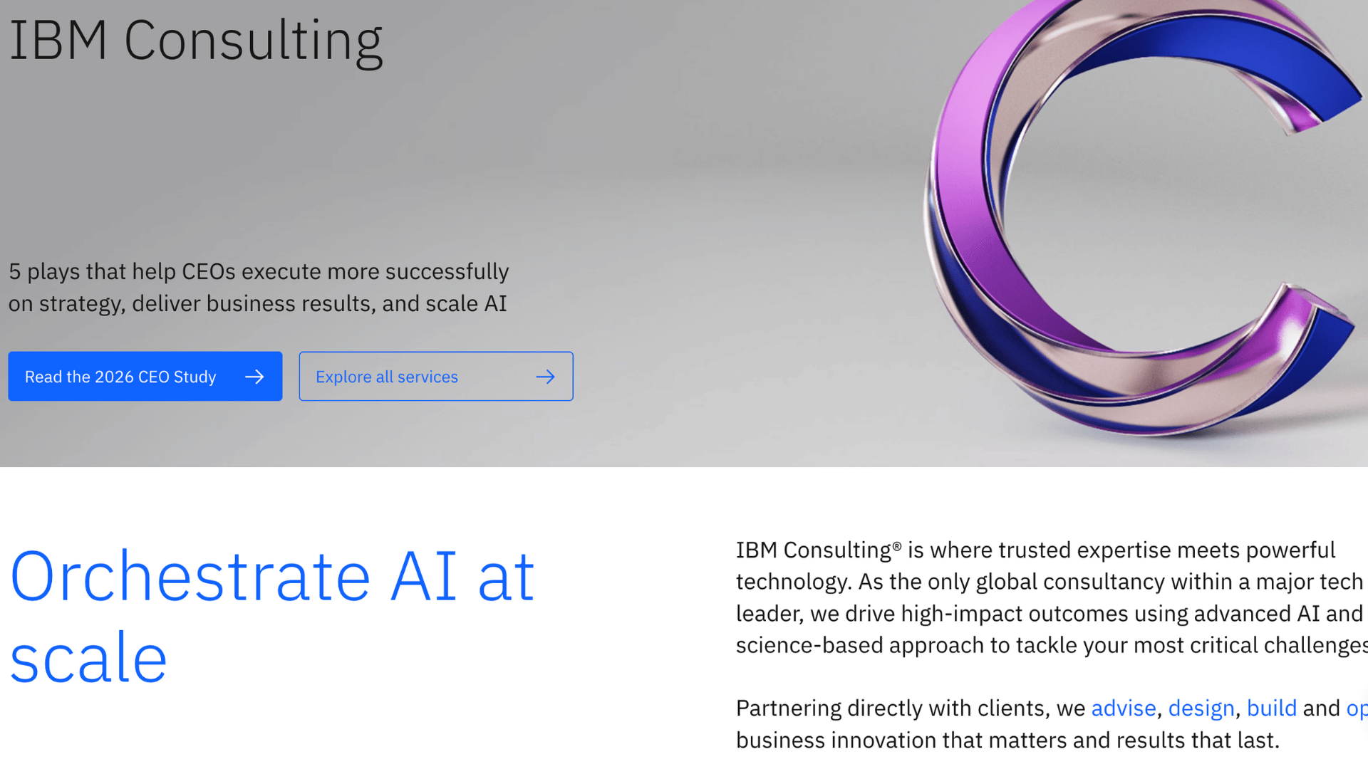 ibm consulting website featuring a purple and blue 3d metallic letter c with text orchestrate ai at scale