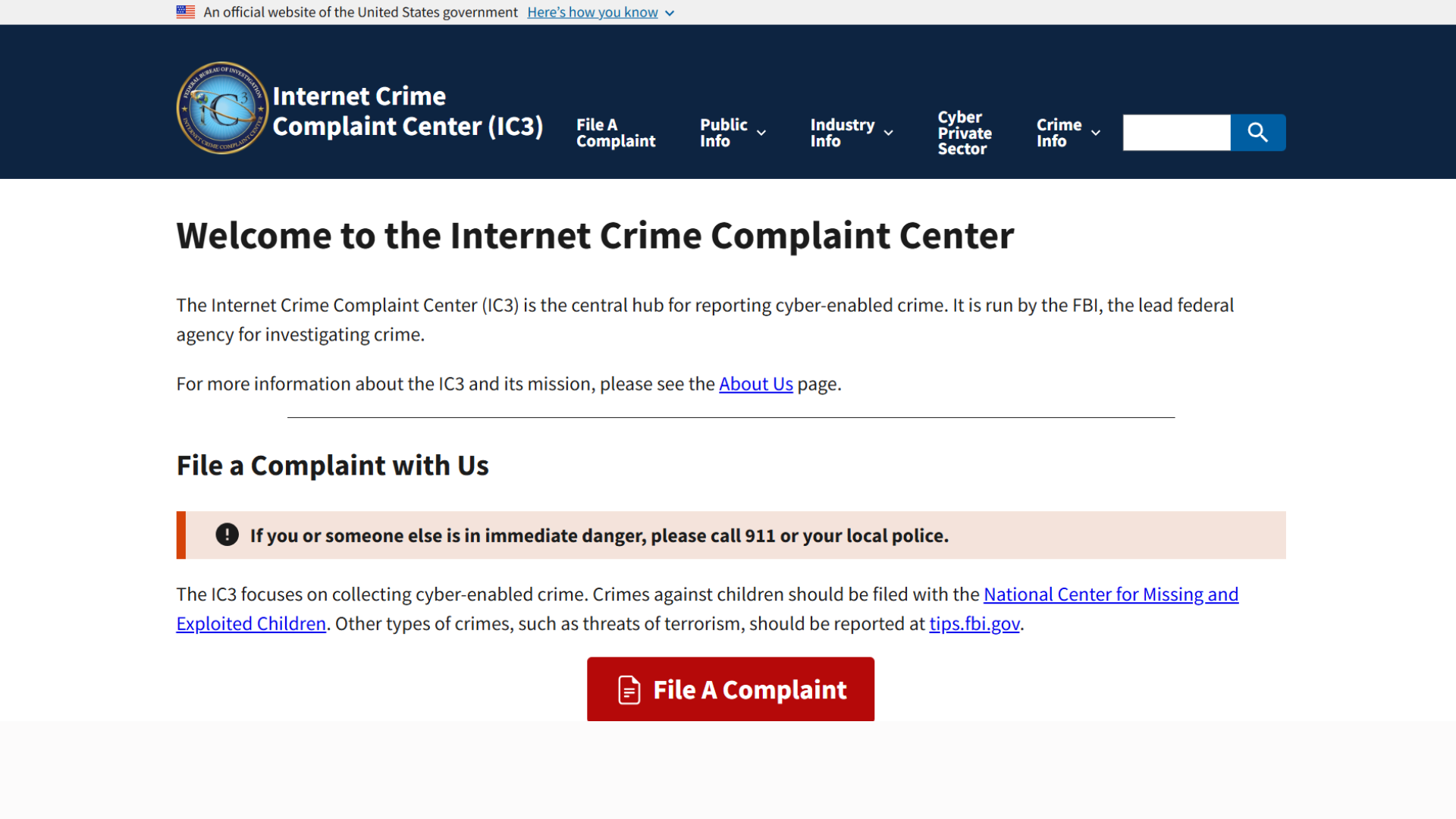 IC3 website Complaint file interface.