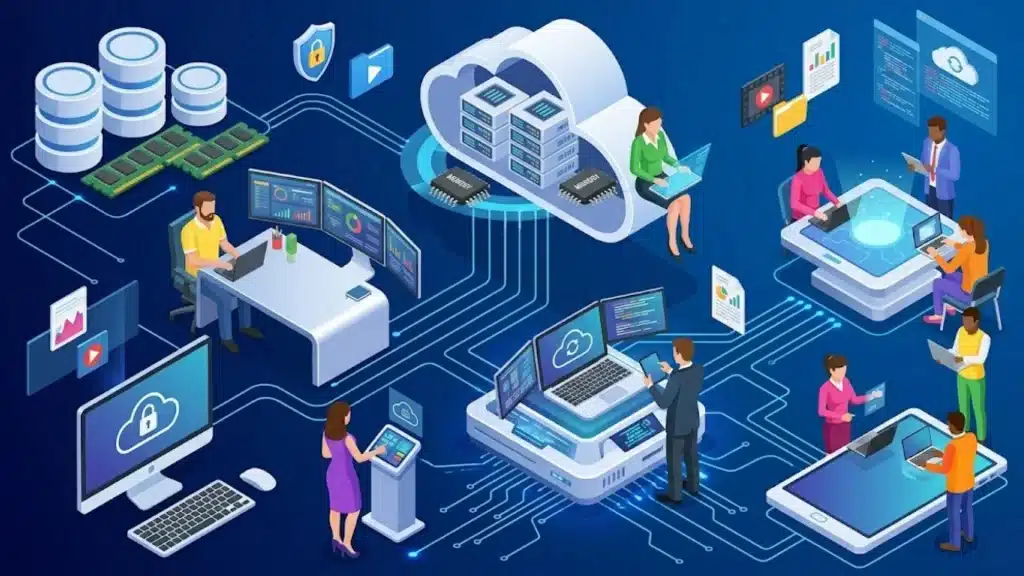 Illustration of people accessing cloud servers, laptops, and devices in a connected cloud computing network