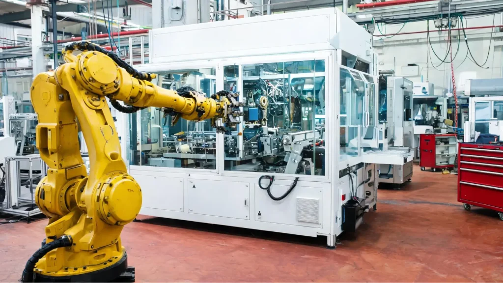 Industrial automation and robotics system with robotic arm operating advanced manufacturing equipment in a smart factory