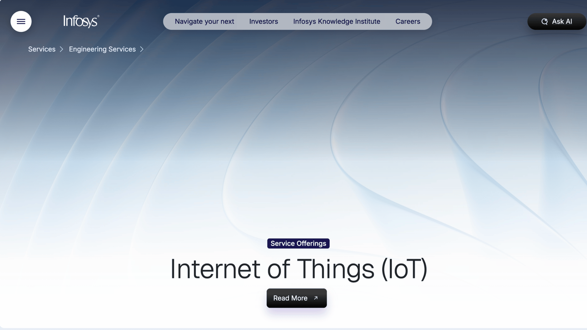 infosys internet of things iot service offerings webpage featuring a soft blue abstract geometric background