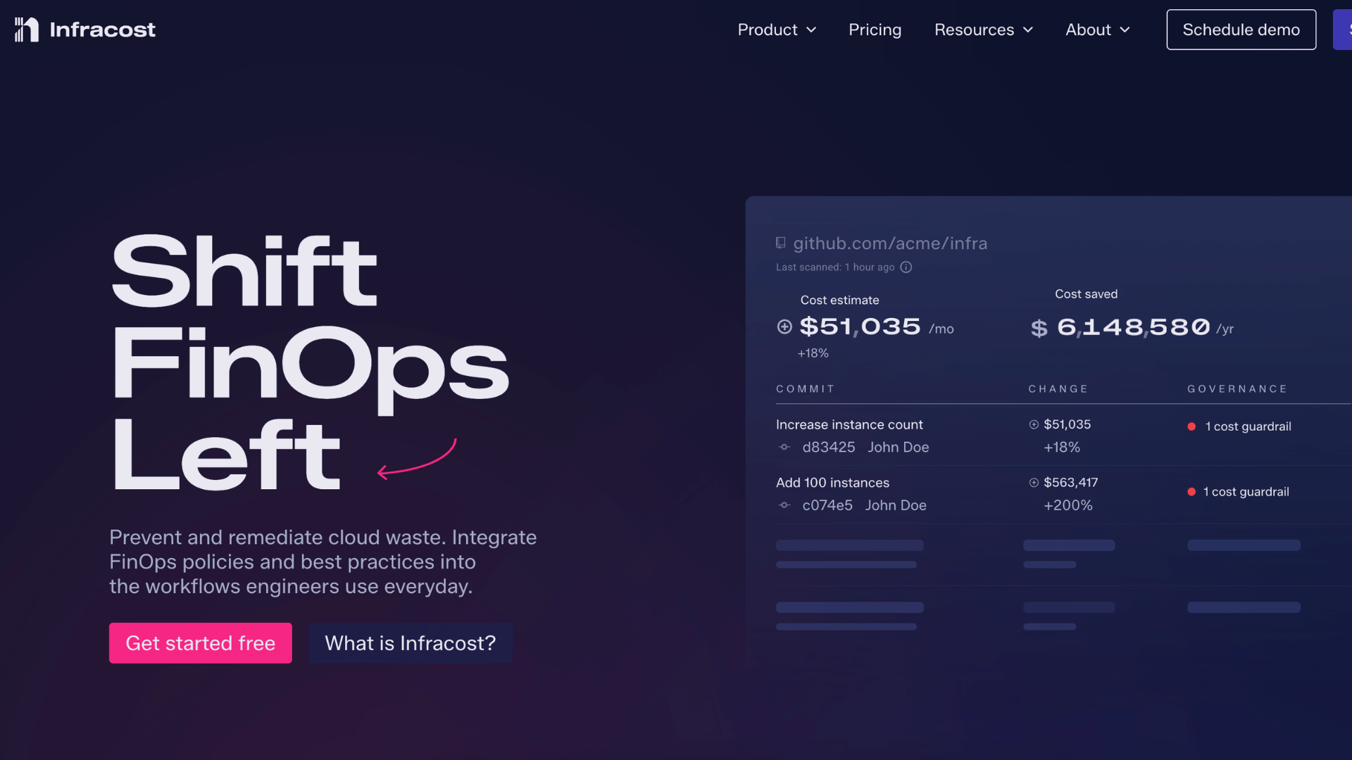 infracost homepage showing finops cost tracking dashboard and cloud spending optimization interface