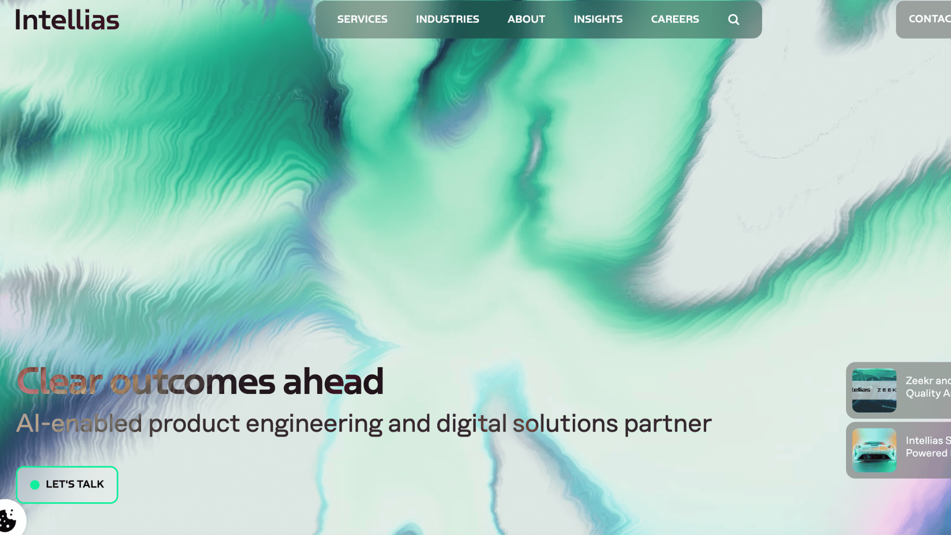 intellias website with text clear outcomes ahead over a green and white abstract marbled swirl pattern background