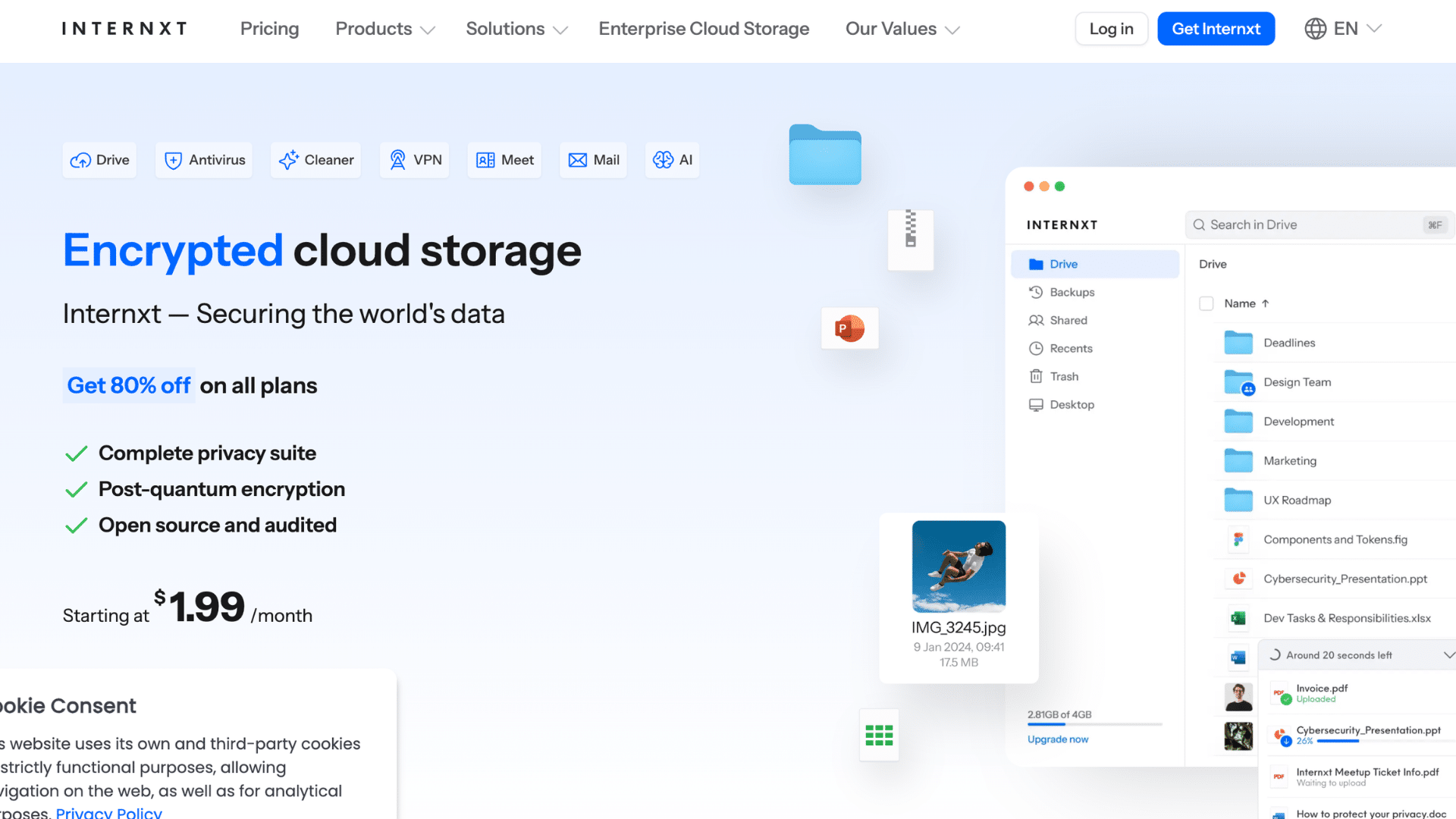 internxt encrypted cloud storage webpage with pricing details privacy features and file management dashboard