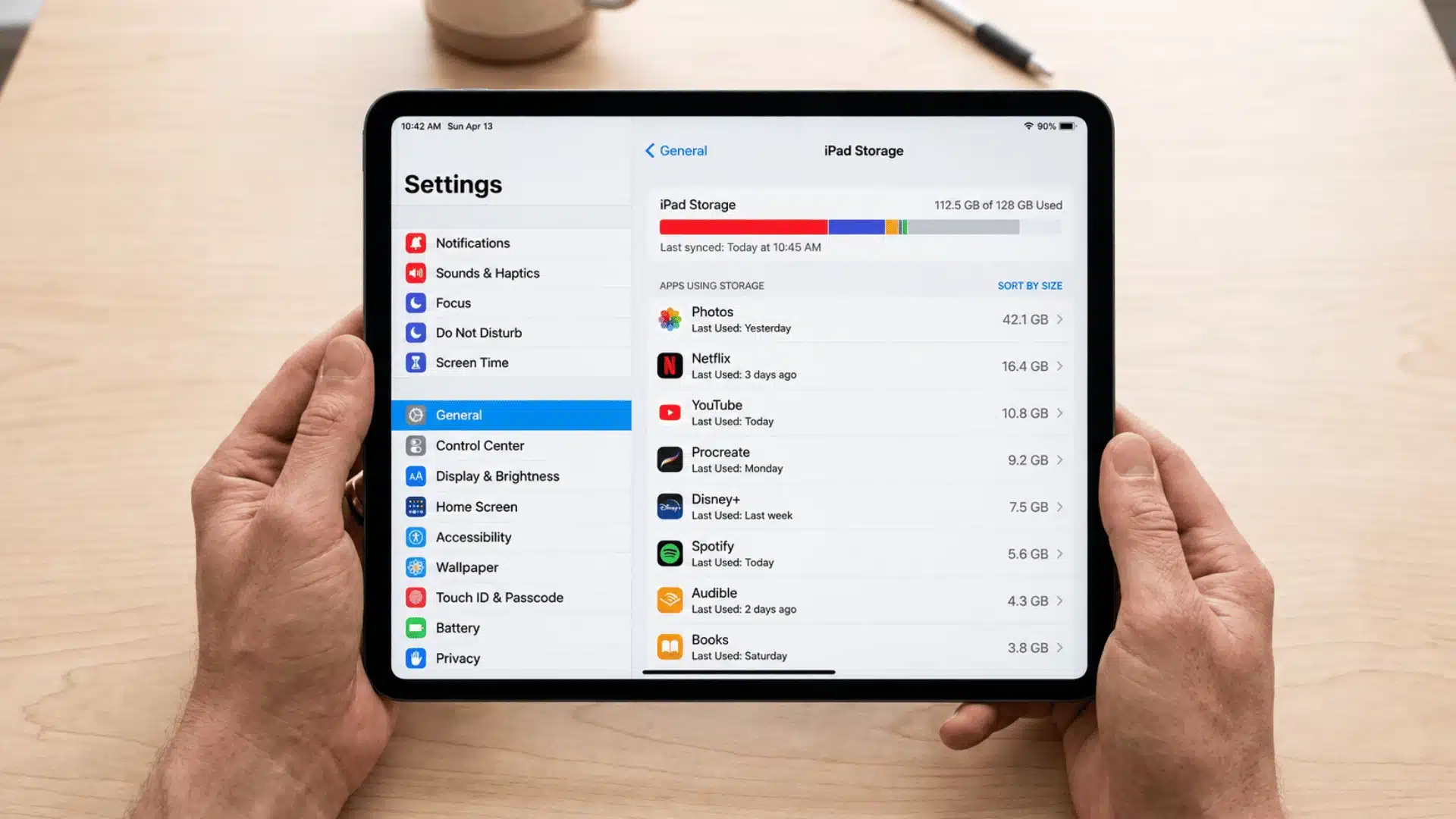iPad storage settings showing apps using most space on the device