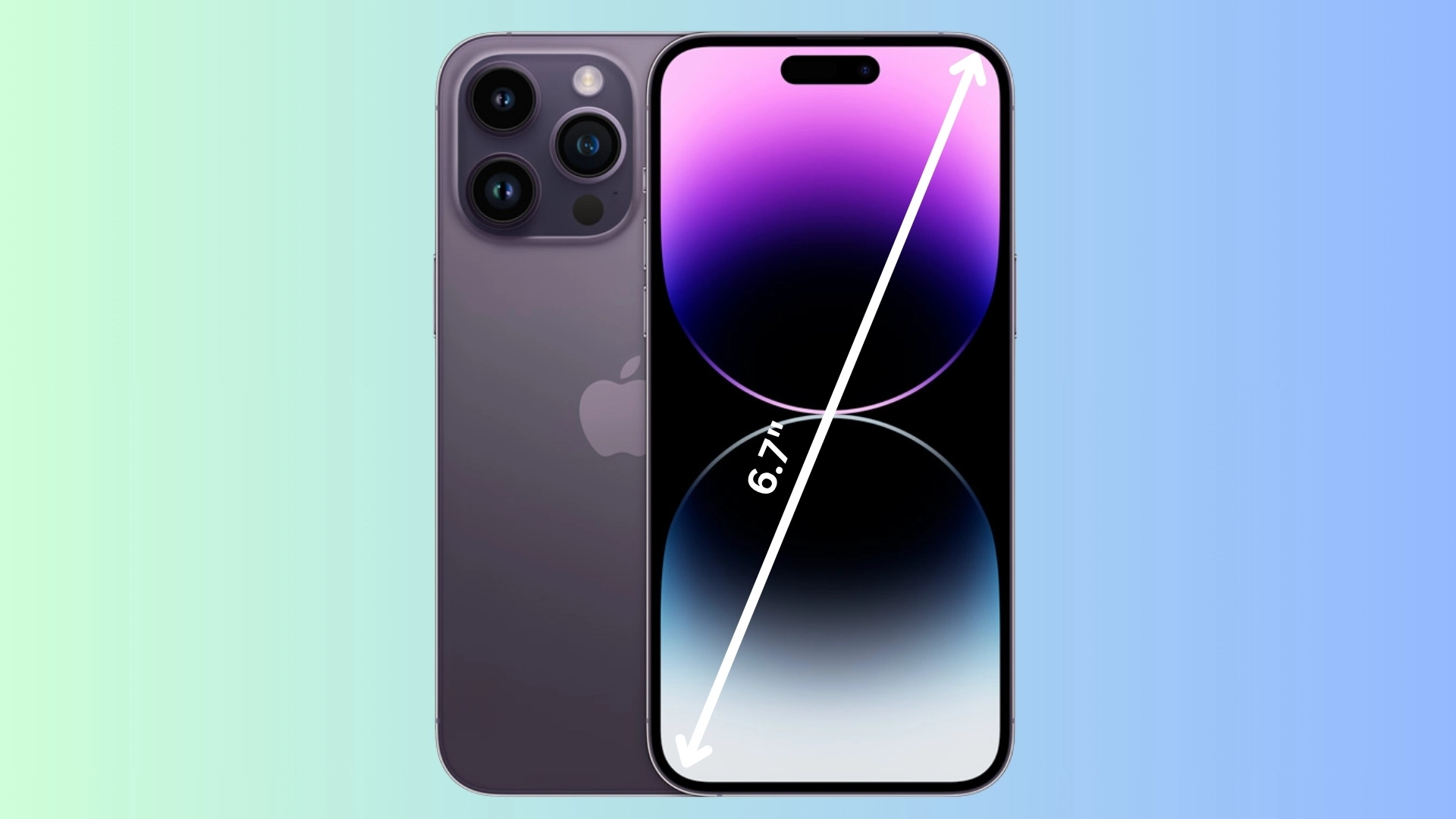 iPhone 14 Pro Max front and back view showing 6.7 inch display size with screen measurement arrow