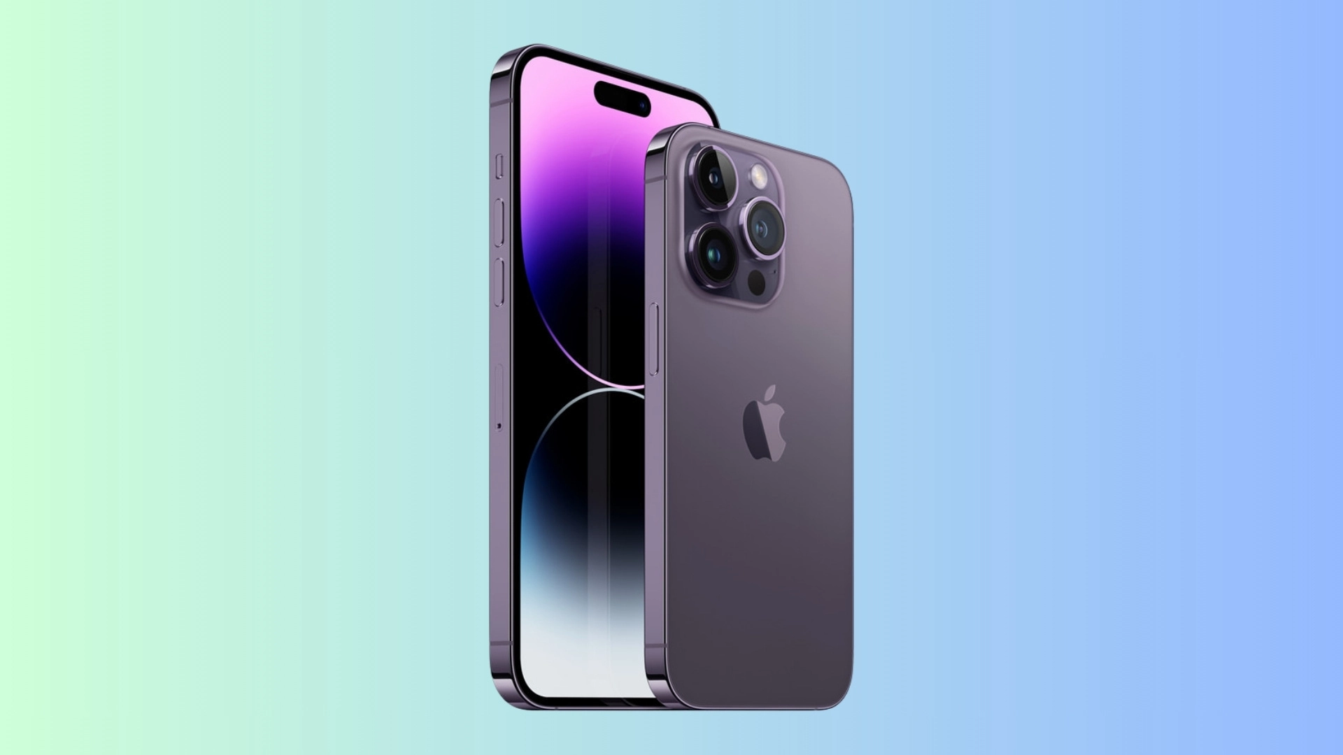 iPhone 14 Pro Max front and back view showing large display, Dynamic Island, and triple camera setup