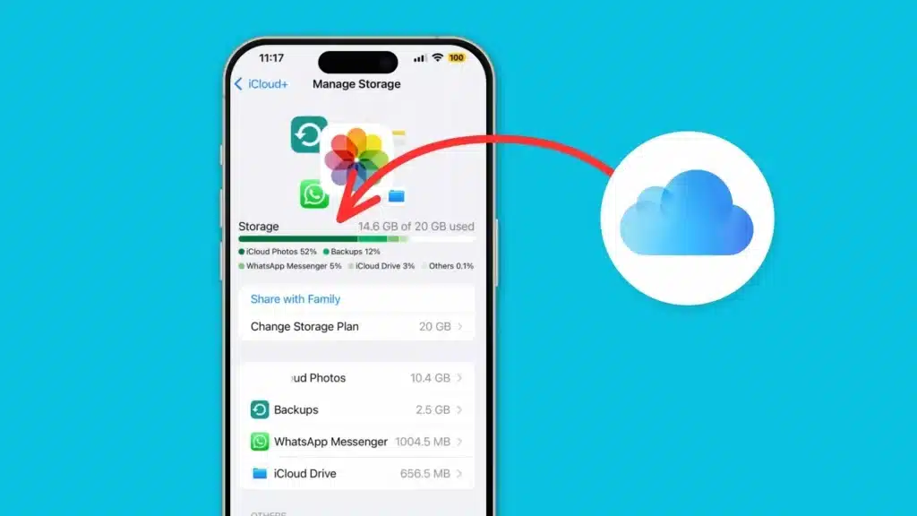 iPhone iCloud storage screen showing used space details with iCloud logo and storage usage indicator graphic