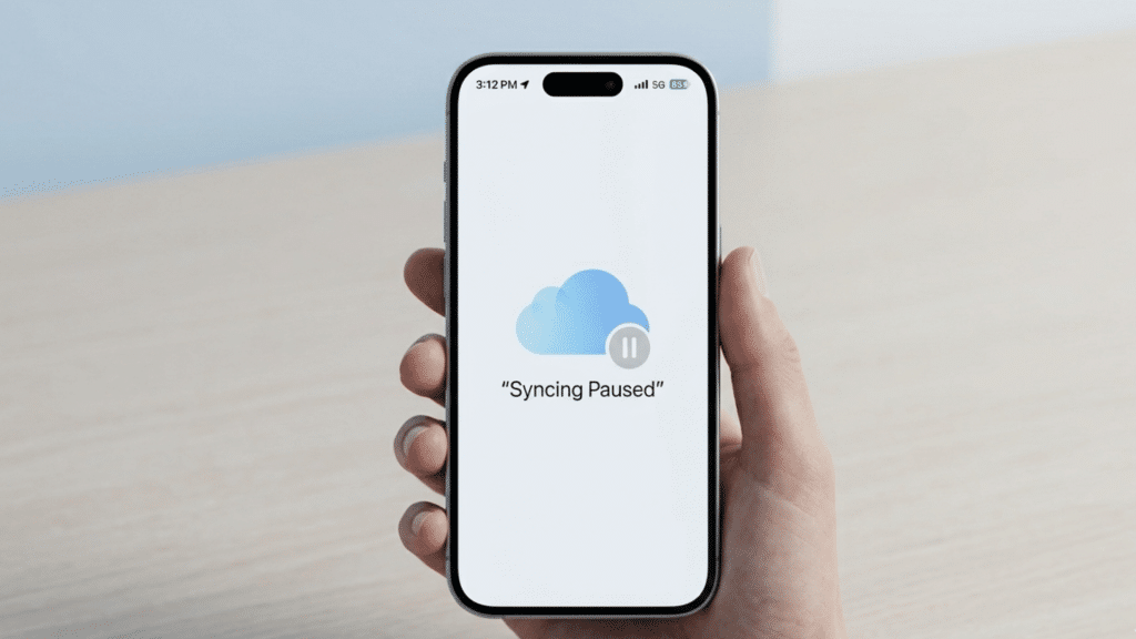 iphone showing syncing paused message with icloud icon on screen held in hand on clean minimal background