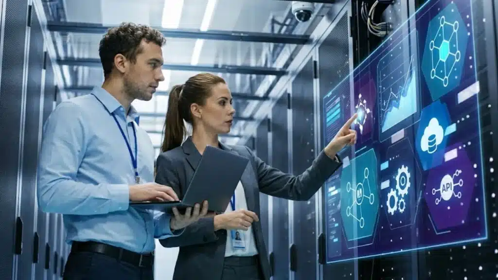 IT professionals managing cloud computing systems on a digital dashboard inside a modern data center environment