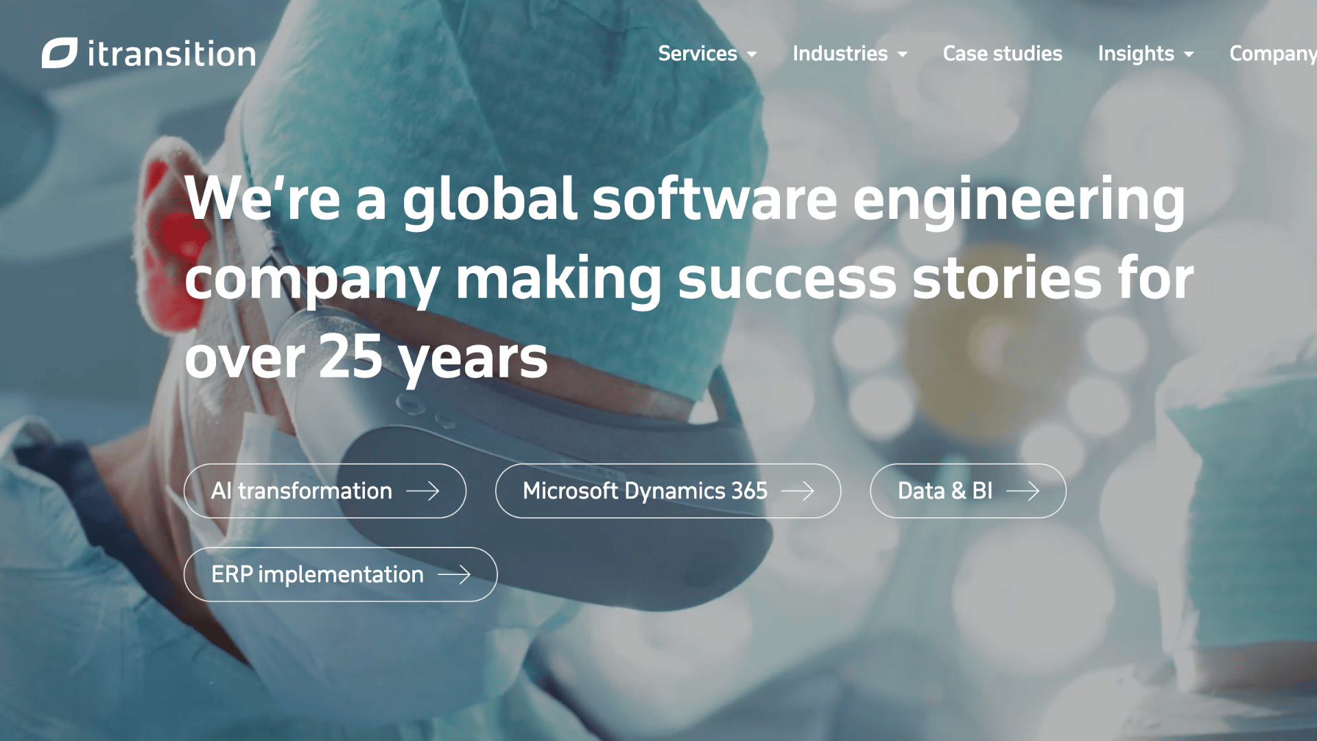 itransition website with text about global software engineering over a blurred background image of medical surgeons