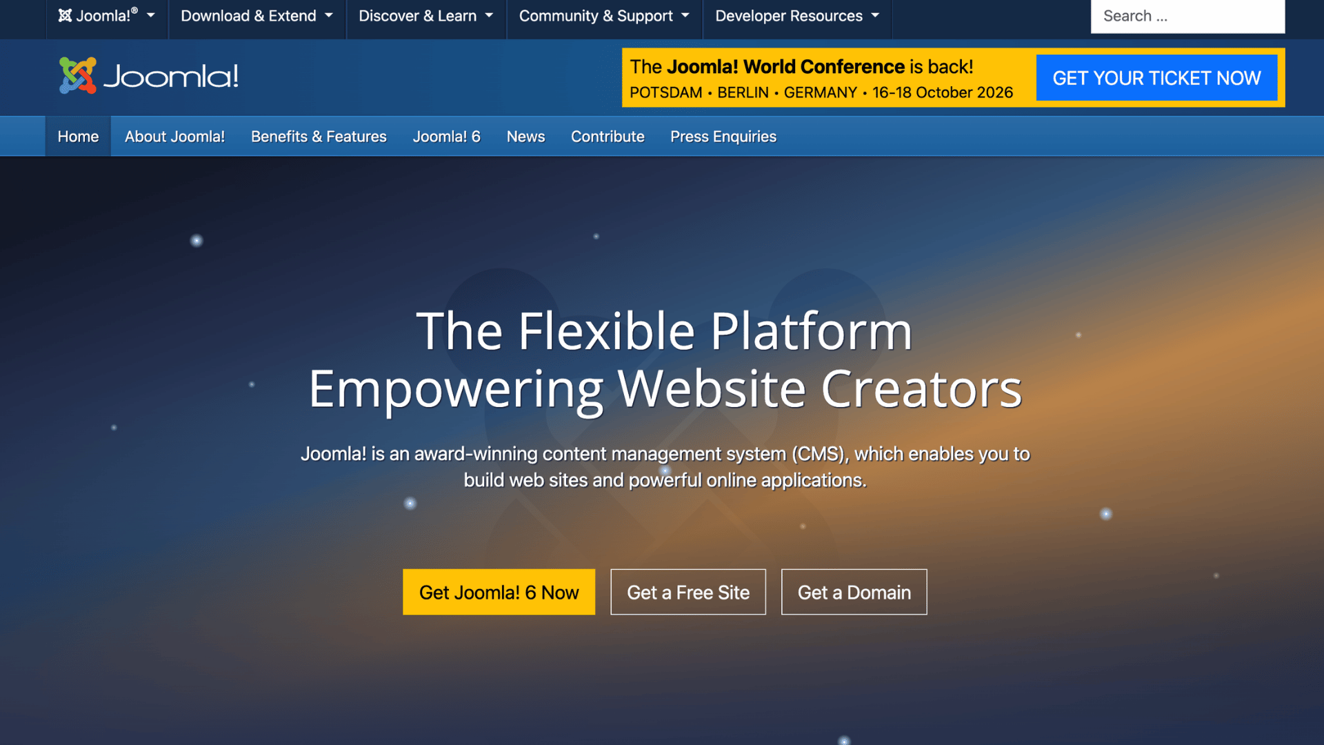 joomla homepage with flexible platform message and website creator tools displayed on a dark gradient background