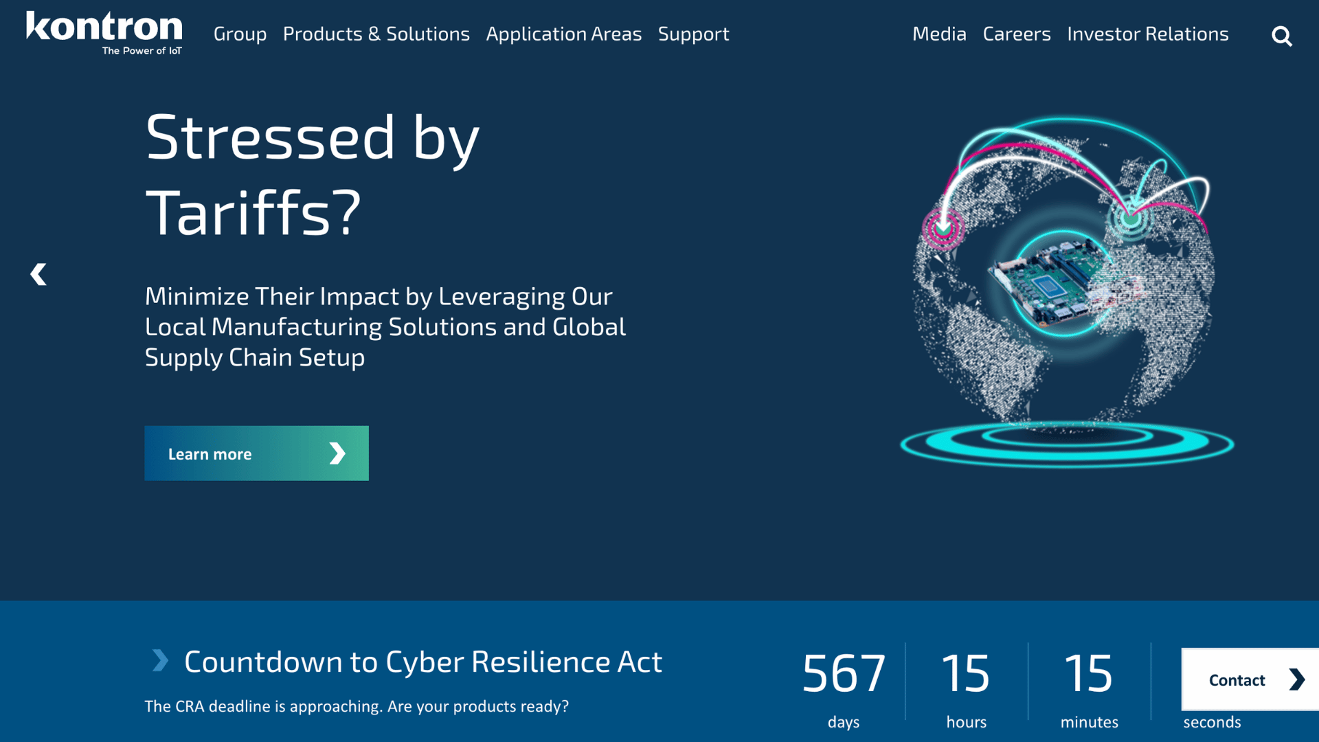 kontron website featuring text stressed by tariffs next to a glowing globe graphic showing connected communication lines