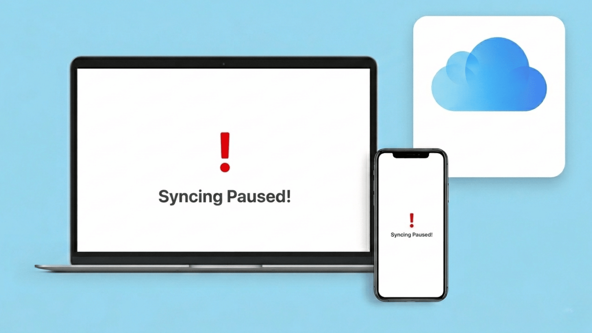 laptop and iphone displaying syncing paused warning beside icloud icon on soft blue background with minimal design