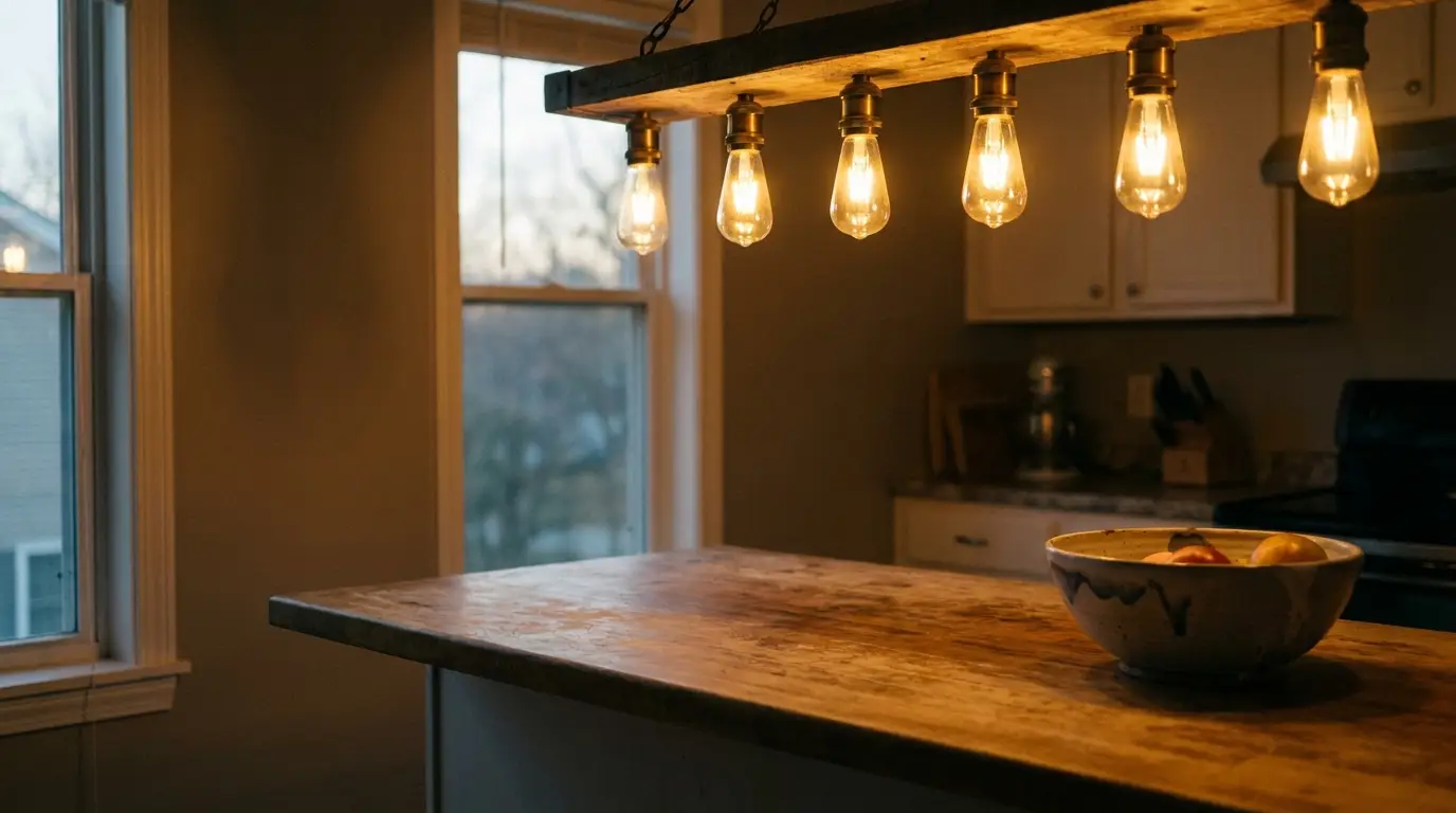 Warmly lit kitchen with rustic wooden island and bowl of fruit under hanging light bulbs