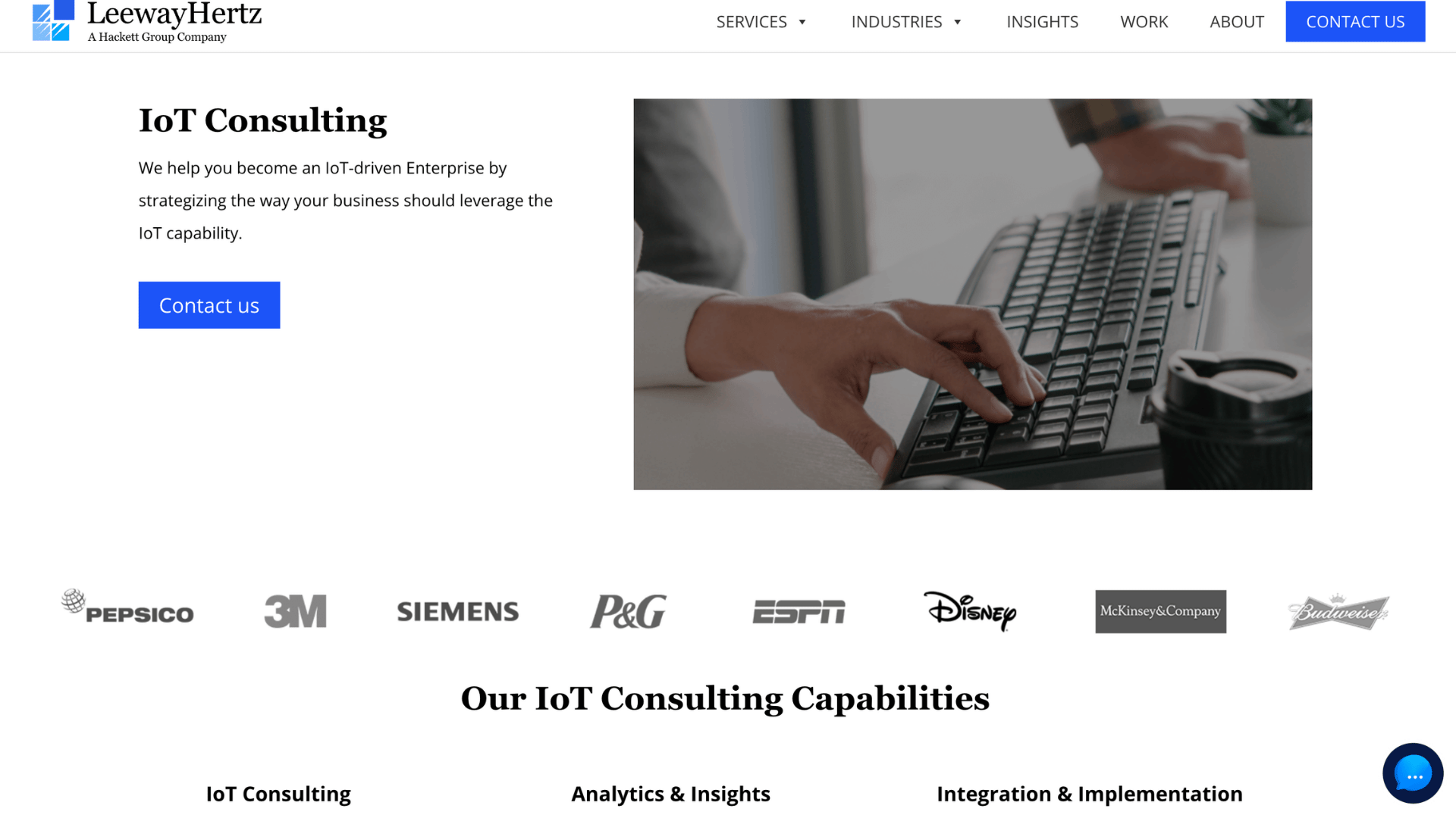 leewayhertz website with text our iot consulting capabilities showing partner company logos like pepsico and siemens
