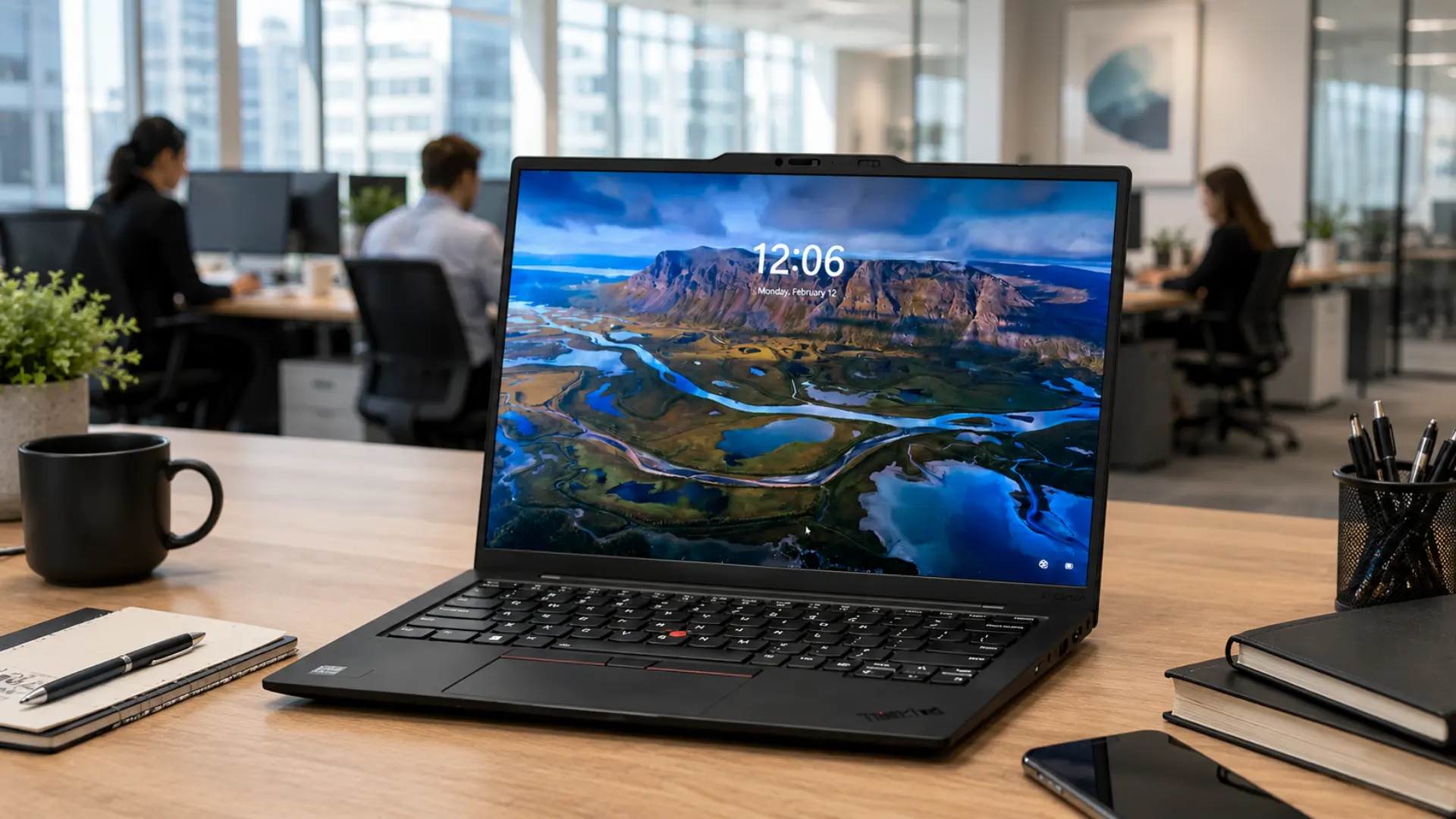 Lenovo ThinkPad laptop on office desk with mountain wallpaper in a modern open workspace