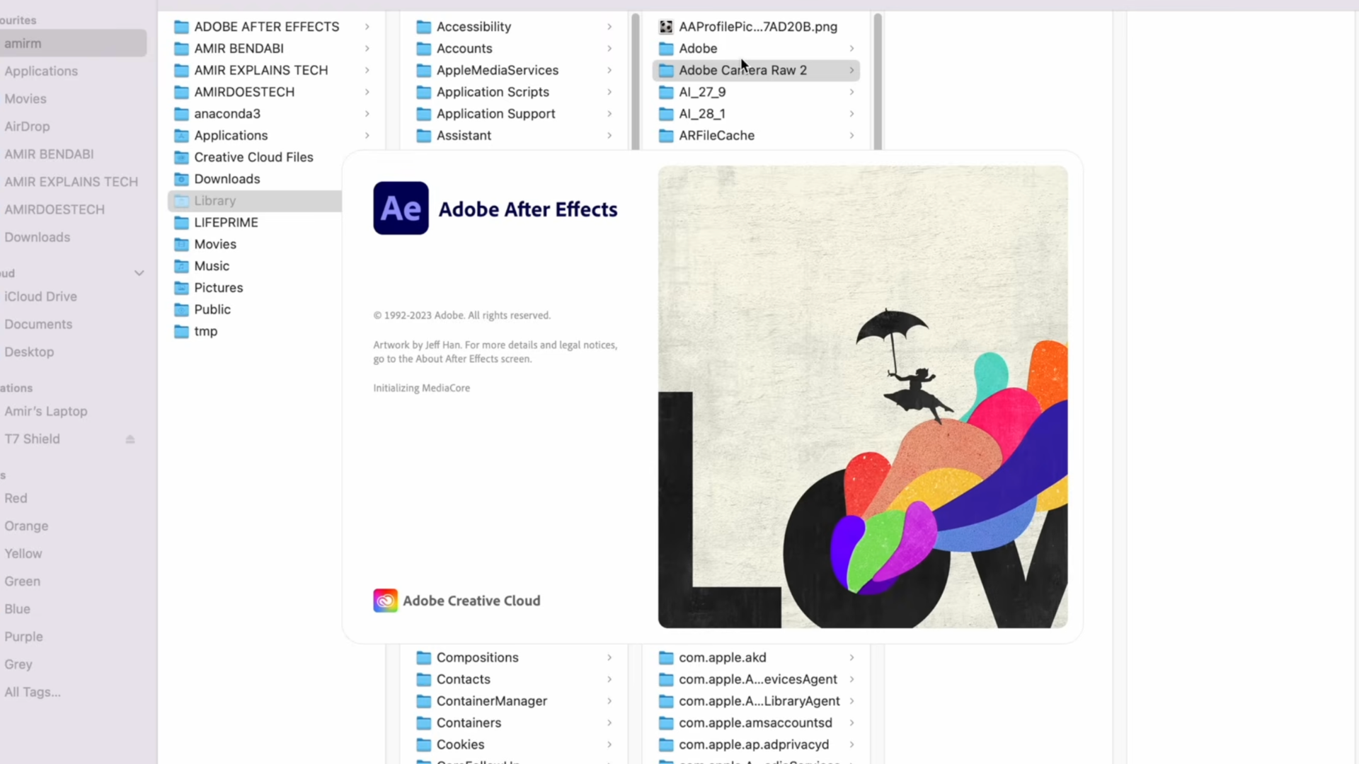 mac finder window showing adobe after effects startup screen over library caches folder and adobe cache directories