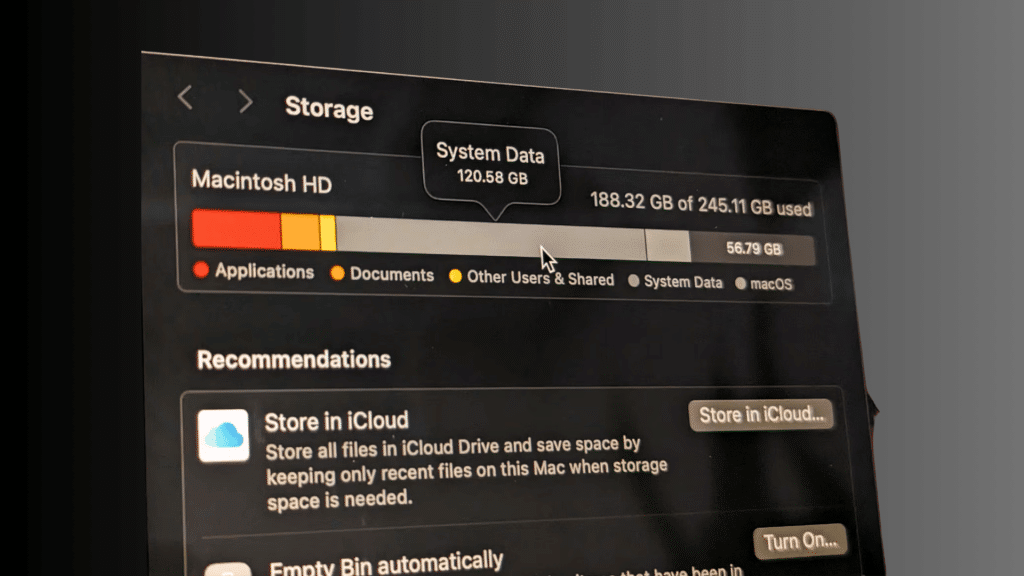 mac storage settings showing large system data usage and recommendations for freeing space on macbook