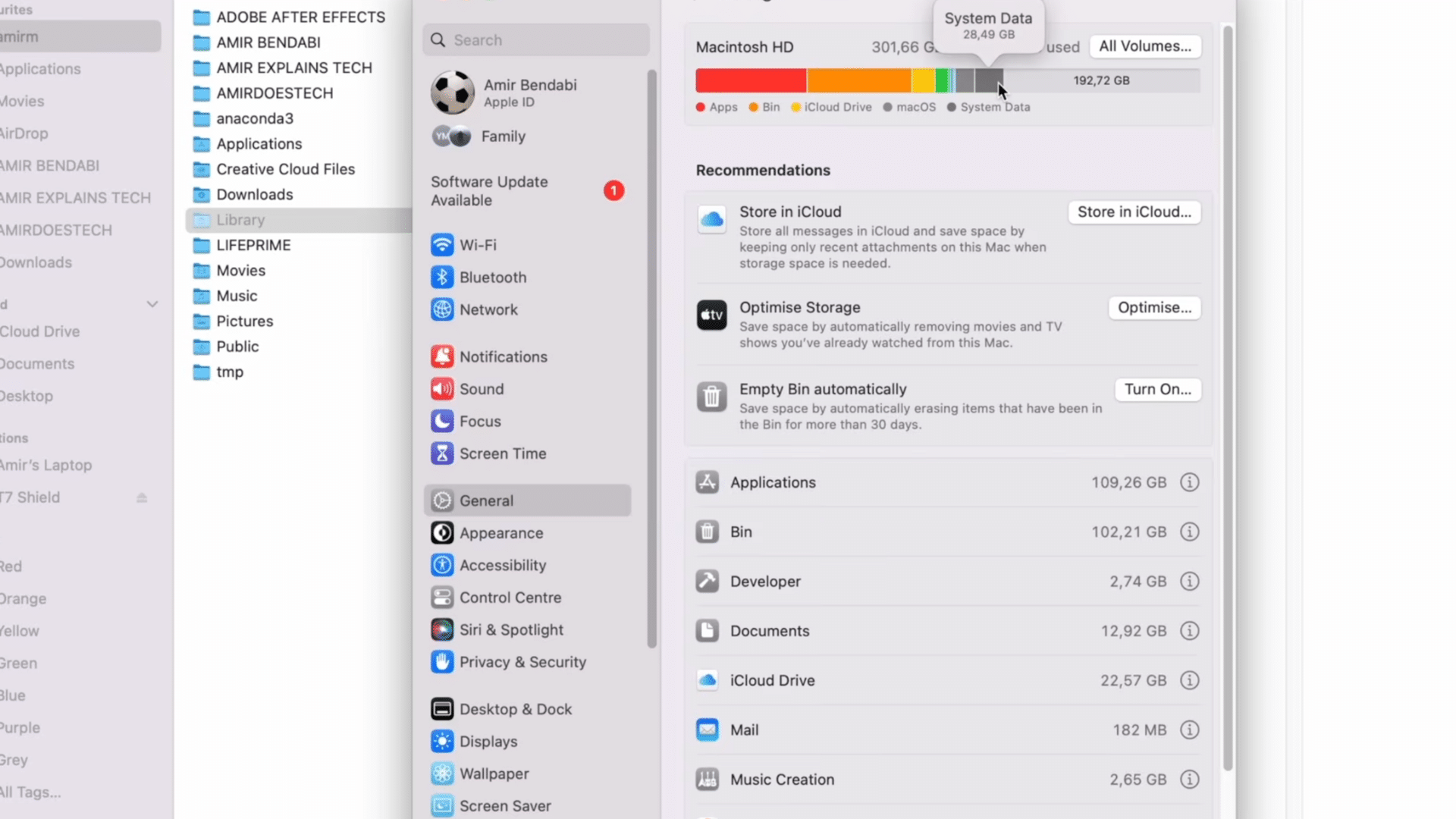 mac storage settings window showing reduced system data usage and updated storage categories after clearing cache files (1)