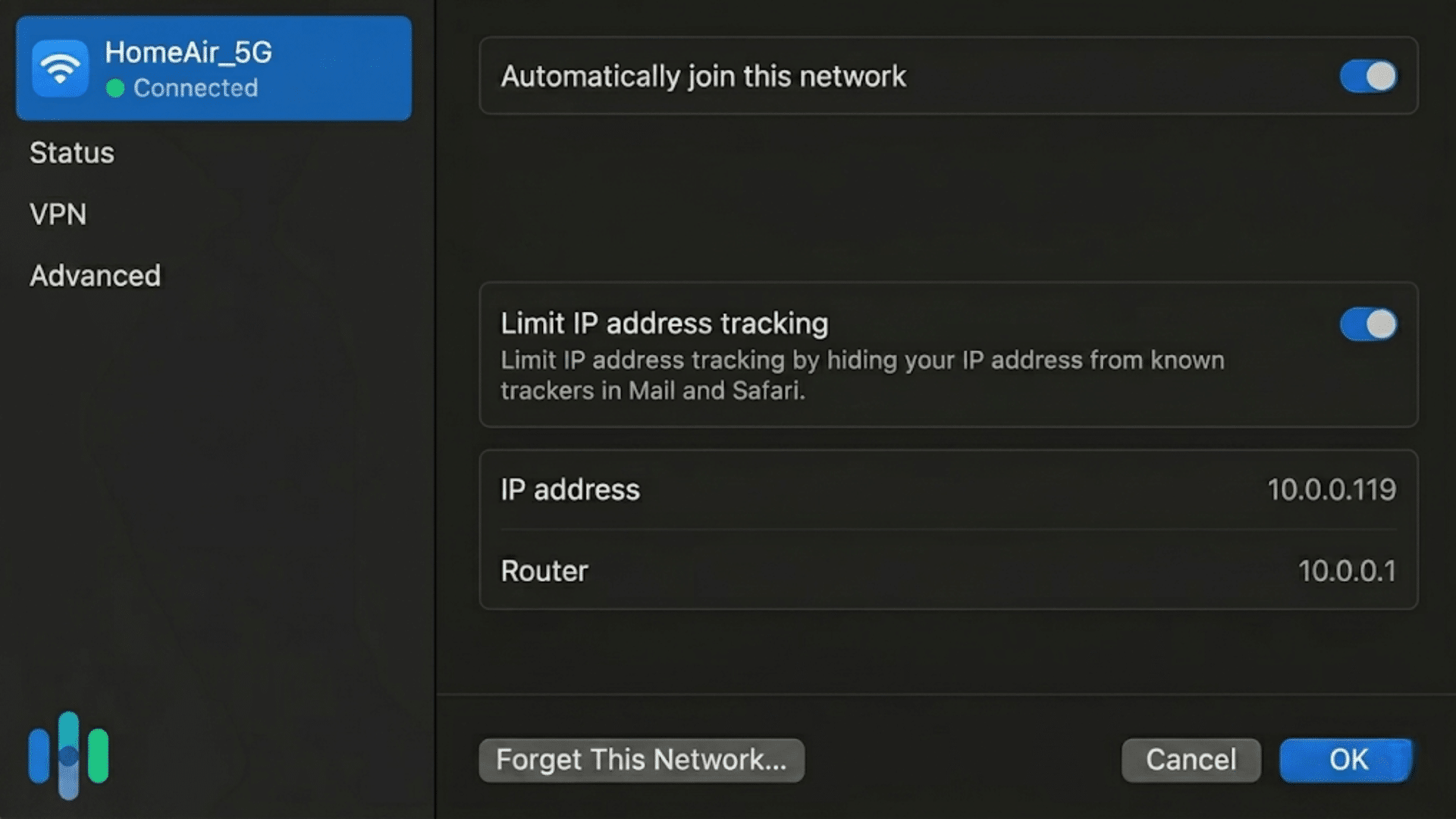 mac wi-fi settings screen showing router ip address and network connection details