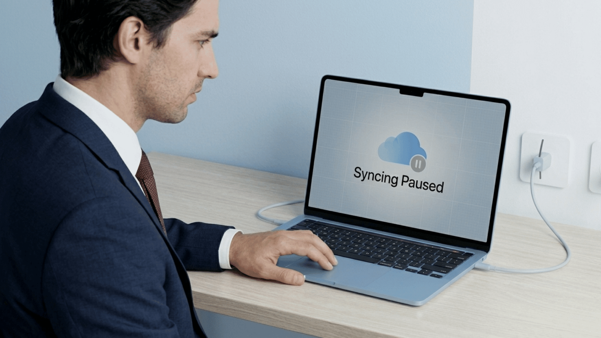 man using macbook showing syncing paused icloud message while device stays connected to charging power indoors