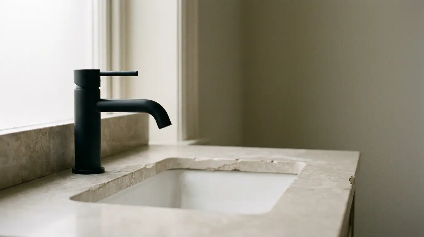 Black matte faucet on marble countertop in minimalist bathroom setting