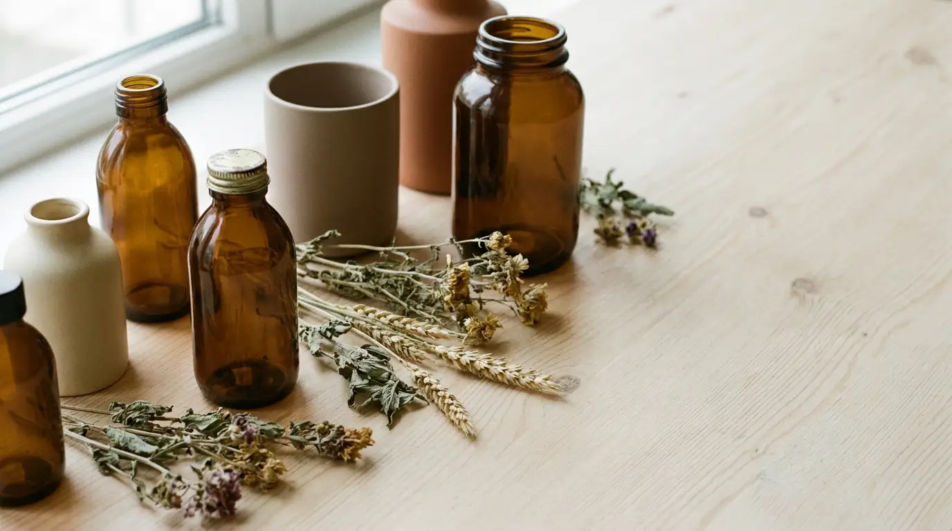 Amber glass bottles and dried flowers on wooden table in natural light setting