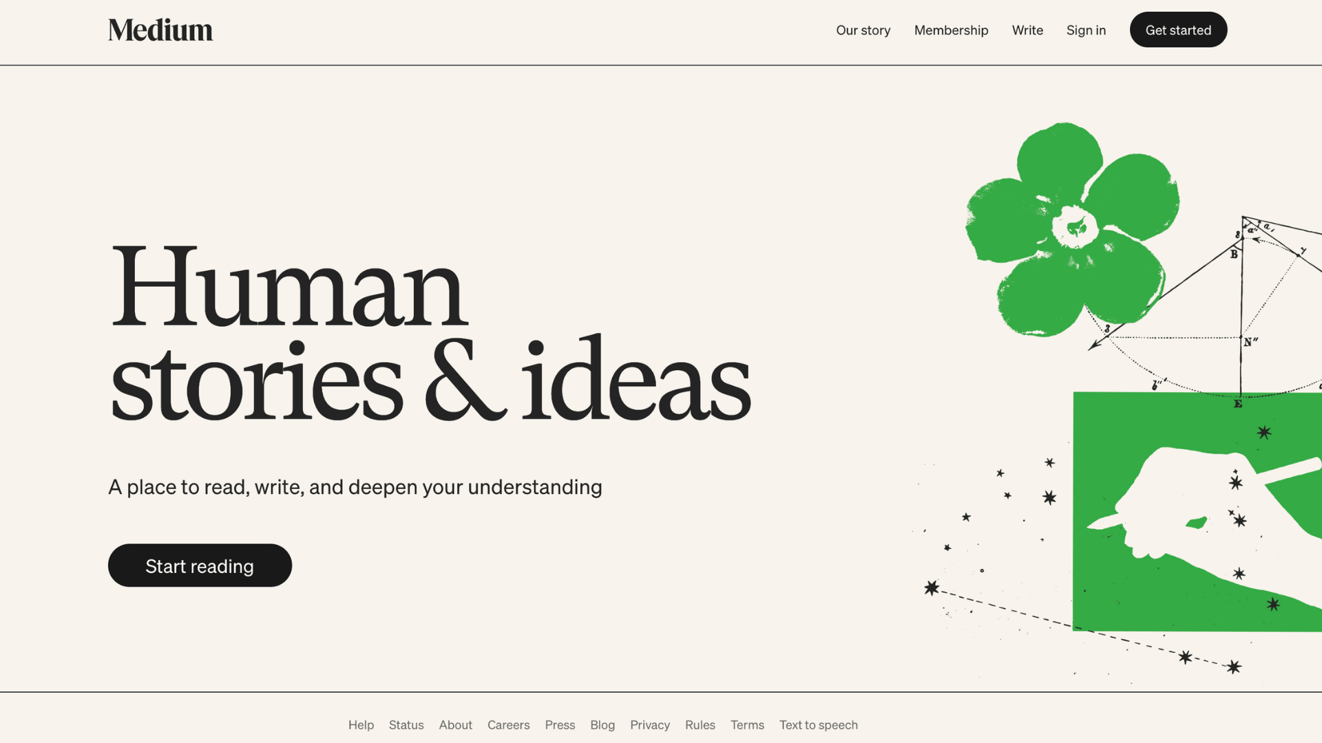 medium homepage with human stories and ideas message beside abstract green illustrations and start reading button