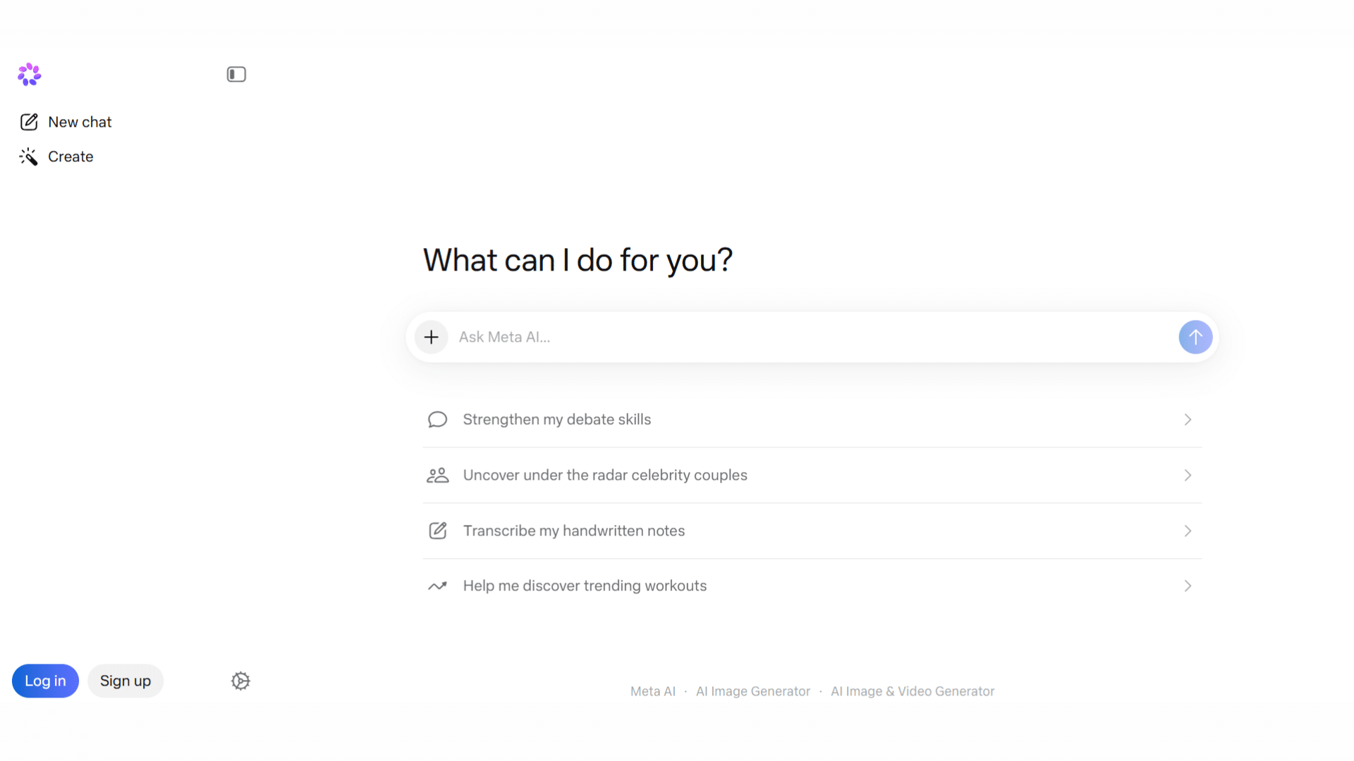 Meta AI website Interface