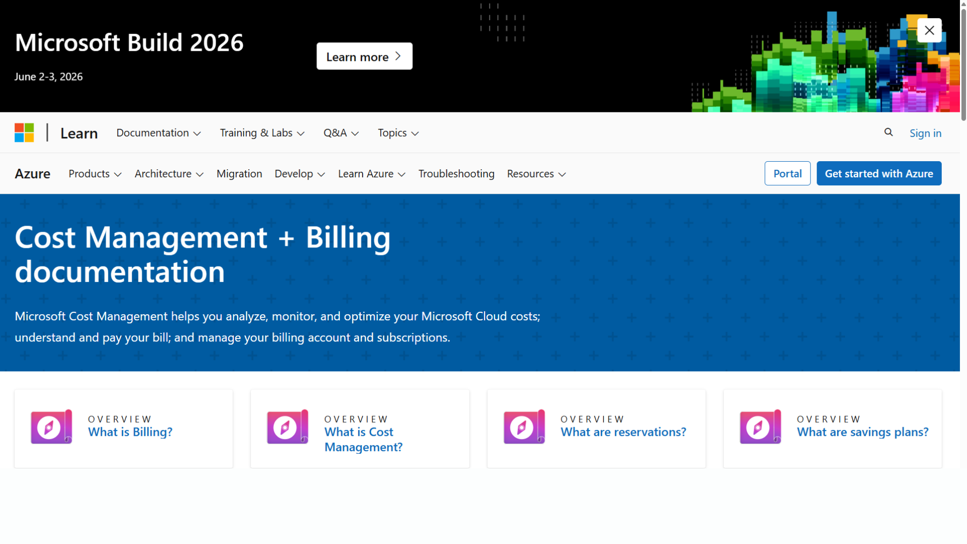 Microsoft Azure Cost Management interface displaying billing insights and cost tracking.