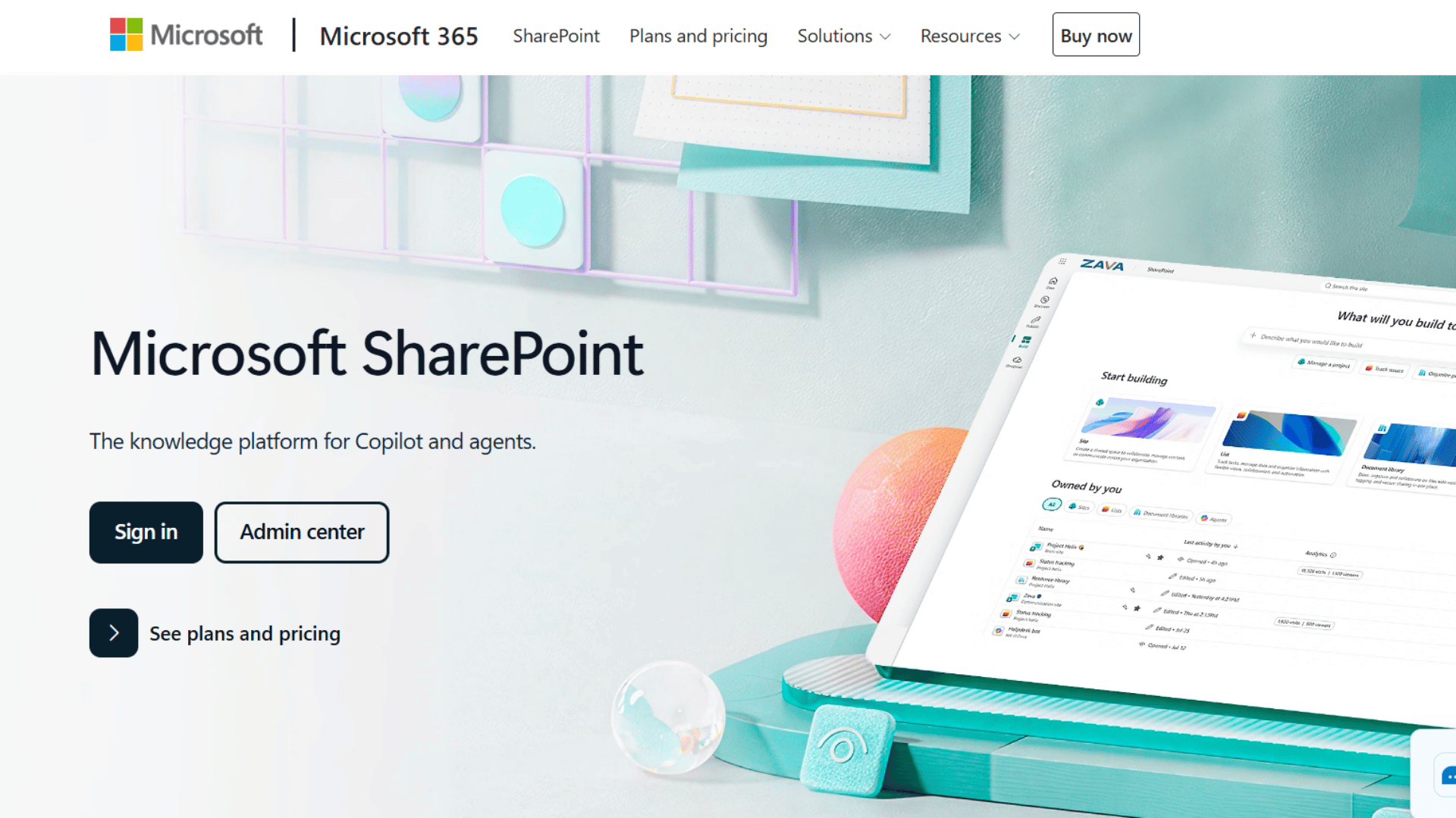 microsoft sharepoint page with sign in admin center plans pricing links and a tablet preview of workspace tools