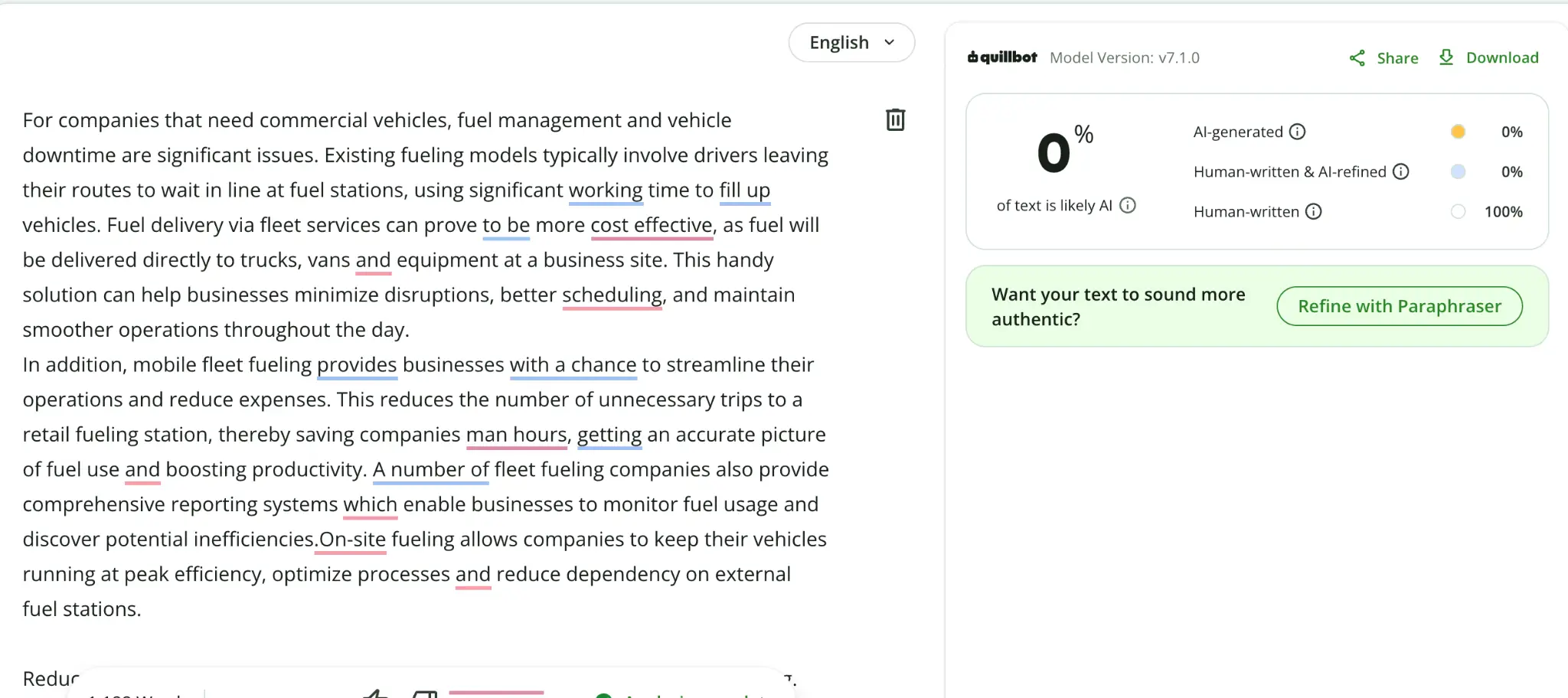 Text analysis tool interface displaying highlighted sections with suggestions for improvements