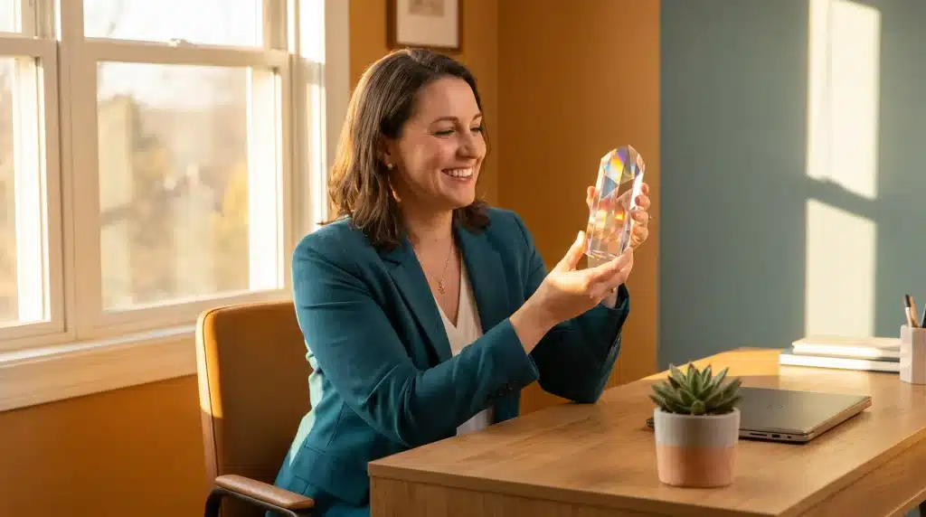 Woman in teal blazer smiling at glass award in sunlit office