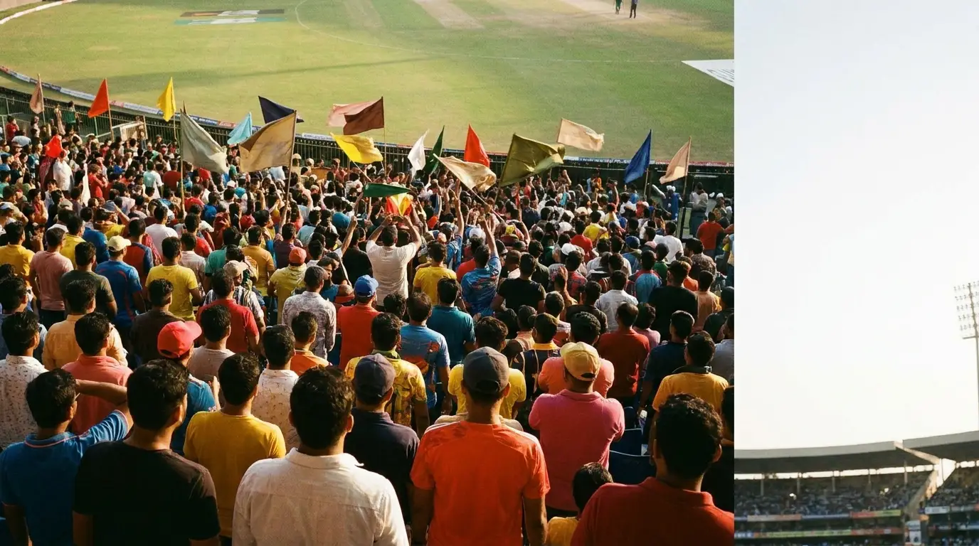Crowd at a cricket stadium waving colorful flags in sunny outdoor setting