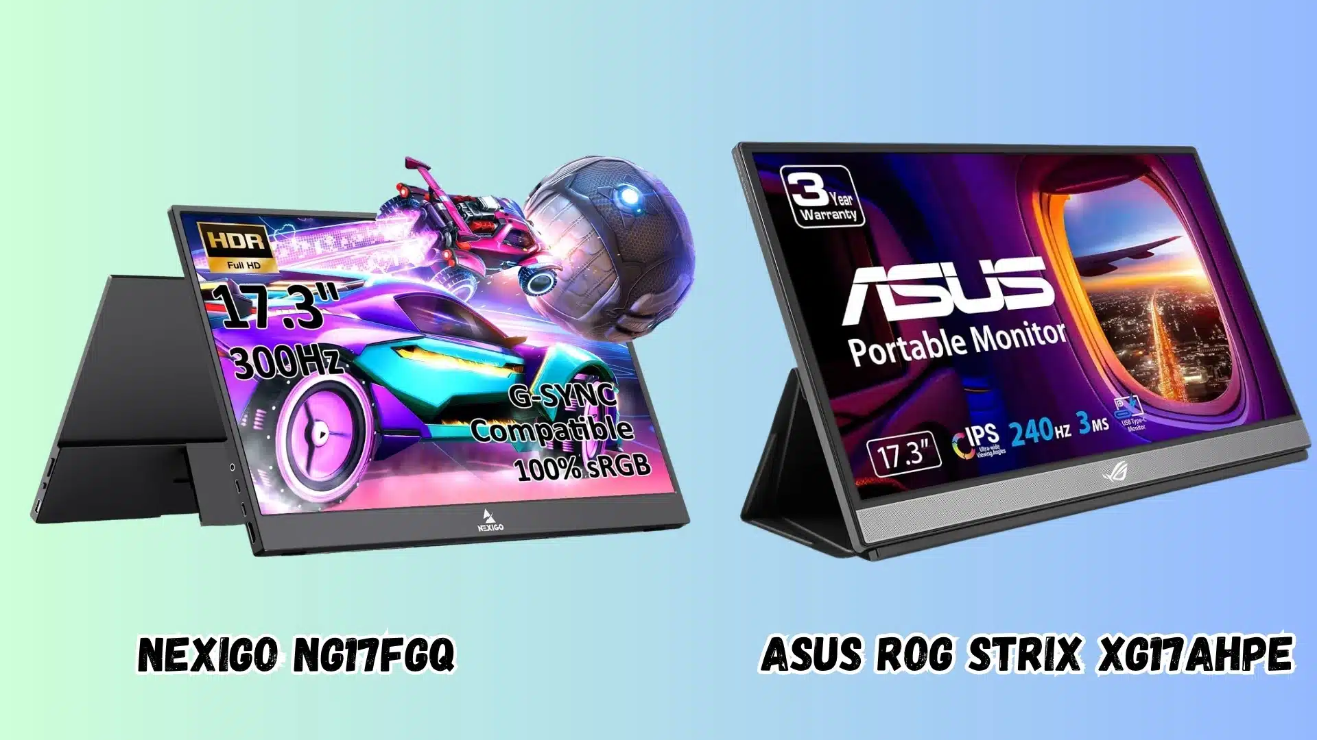 NexiGo NG17FGQ and ASUS ROG Strix XG17AHPE gaming portable monitors shown side by side on gradient background